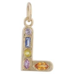 Natural Multi-Sapphire L Initial Charm Solid 14K Yellow Gold Letter Fine Jewelry