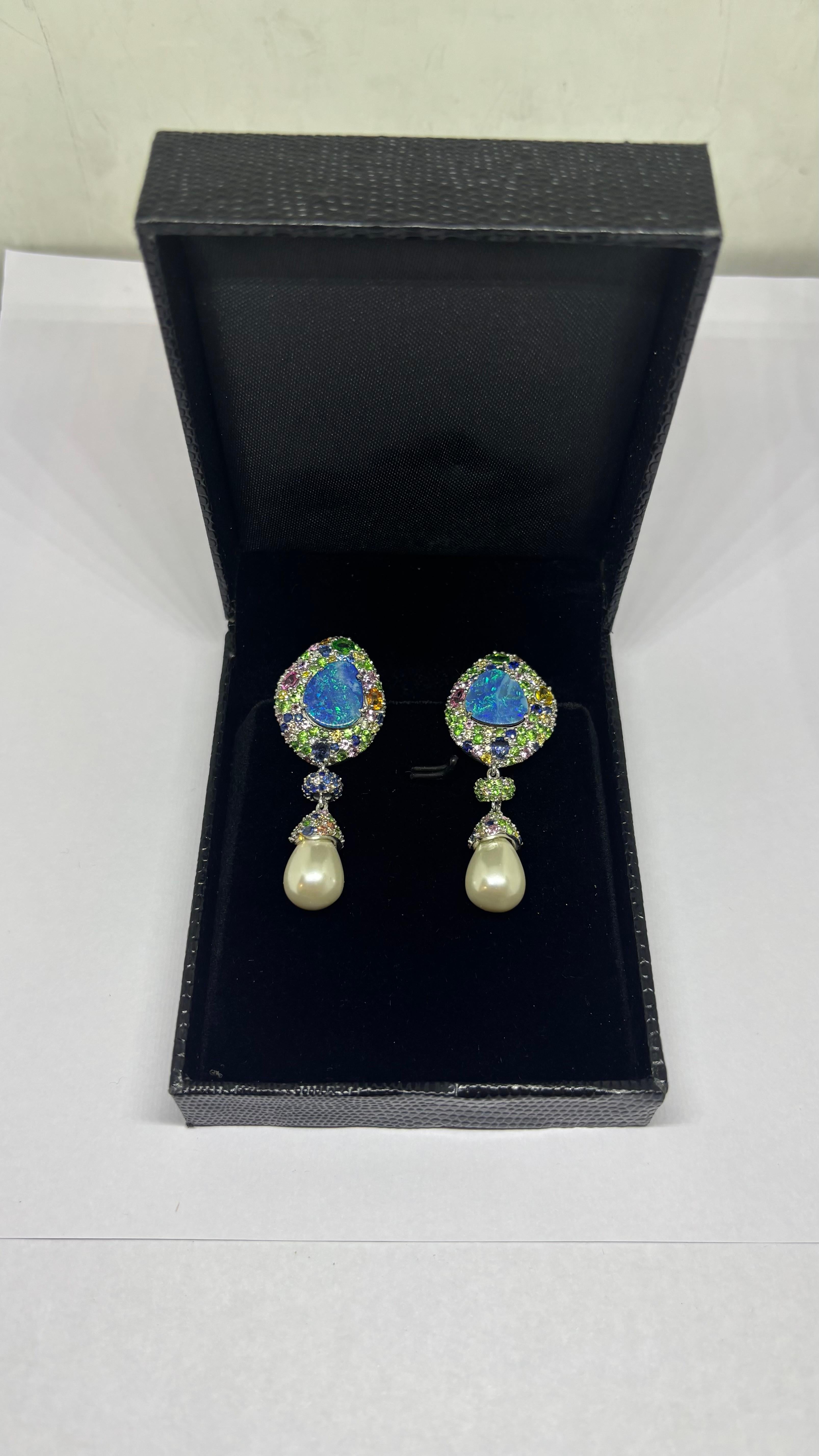 Mixed Cut Natural blue  Opal and multi sapphire diamond earring in 14k gold For Sale