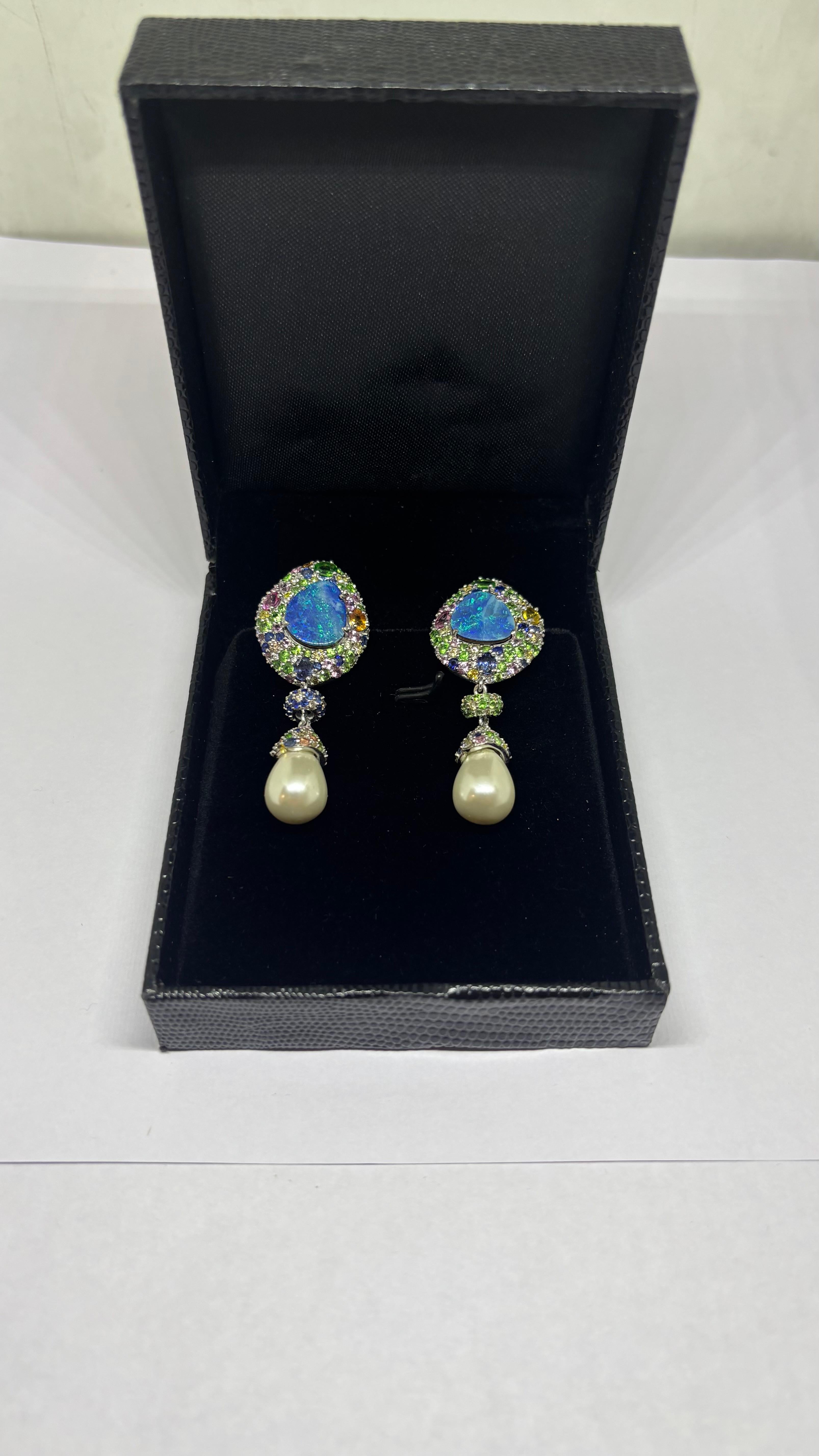 Women's Natural blue  Opal and multi sapphire diamond earring in 14k gold For Sale