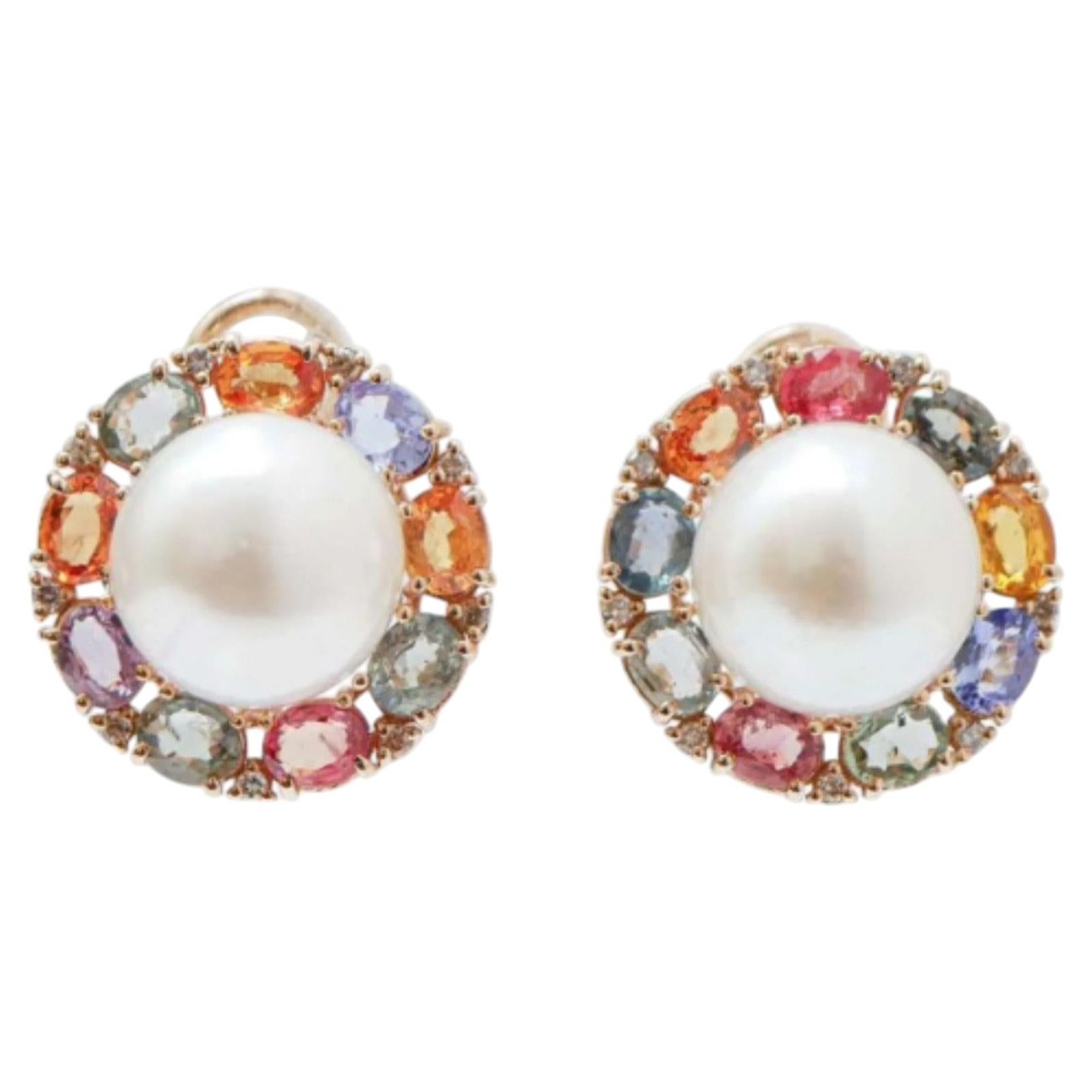 14K Gold Multi-Sapphire, Pearl & Diamond Earrings, 0.29ct For Sale
