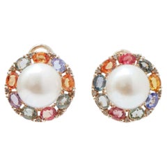 14K Gold Multi-Sapphire, Pearl & Diamond Earrings, 0.29ct