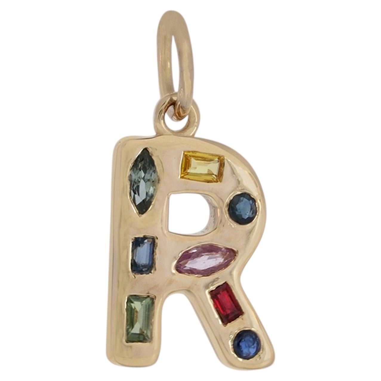 Natural Multi-Sapphire R Initial Pendant Solid 14K Yellow Gold Rainbow Jewelry