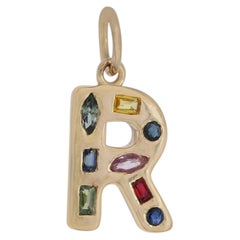 Pendentif « R » en saphirs naturels assortis, en or jaune massif 14 carats, collection Rainbow Jewelry