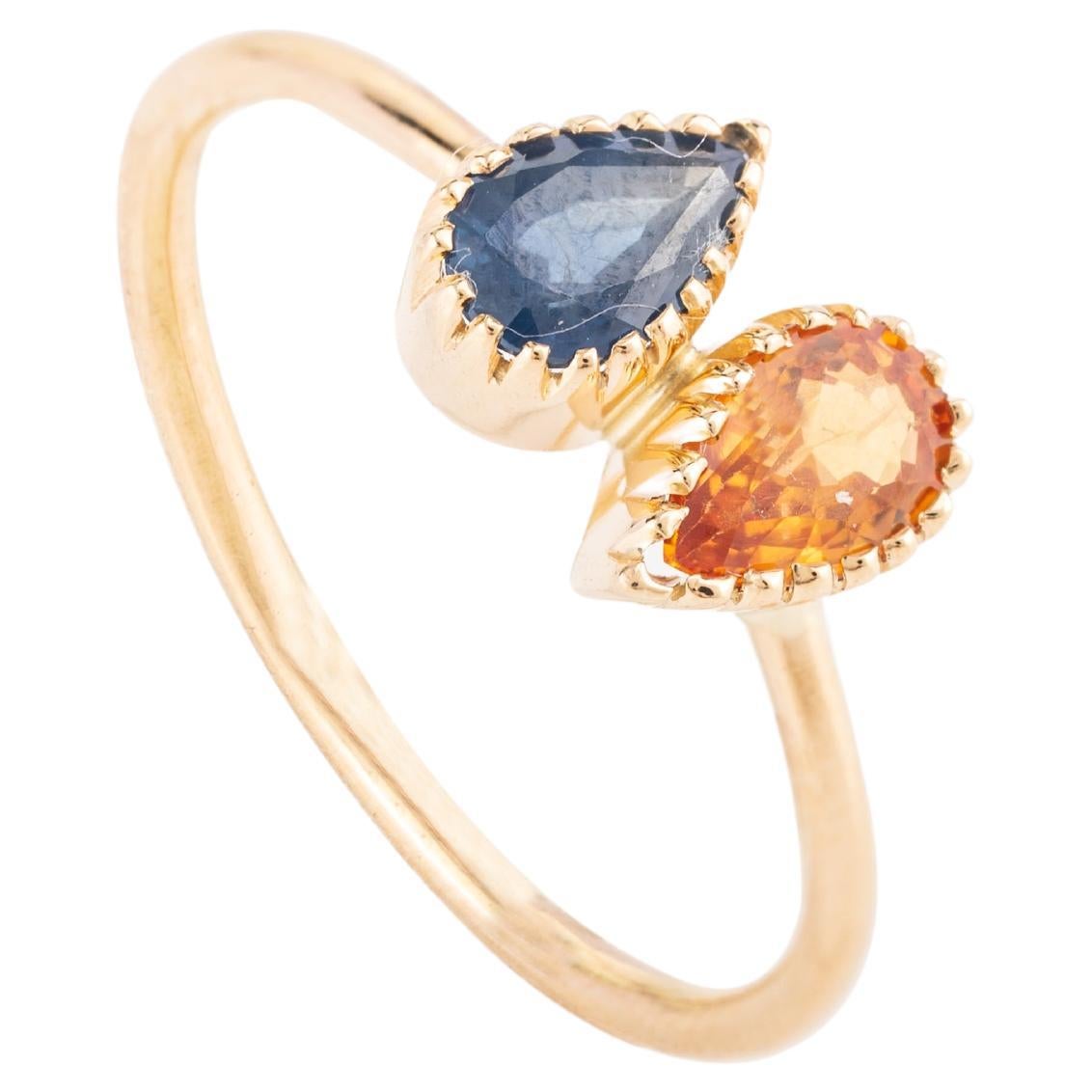 Multi Sapphire Two Stone Ring in 18k Solid Yellow Gold Gift for Her