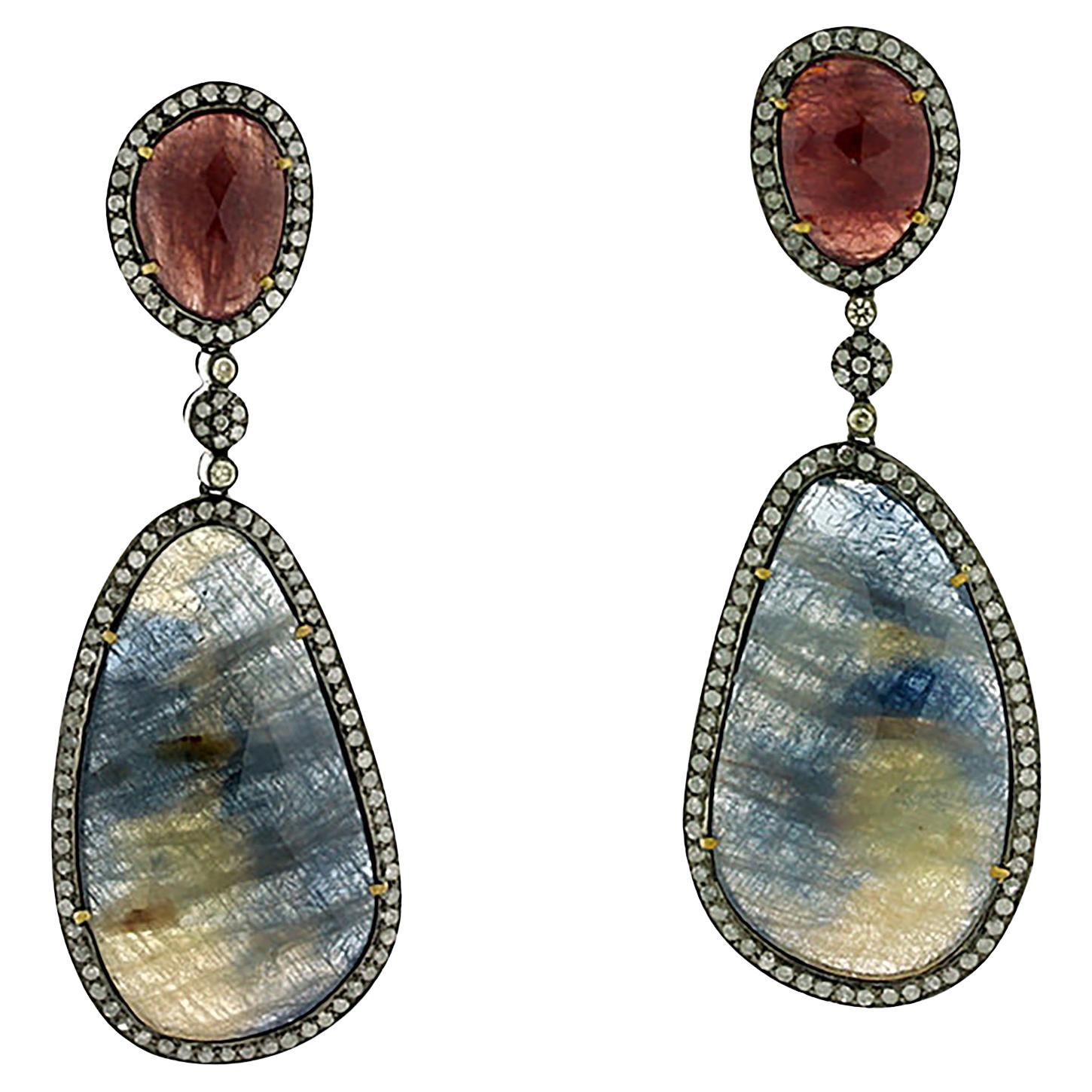 Natural Multi Sapphire Victorian Style Dangle Earrings With Pave Diamonds