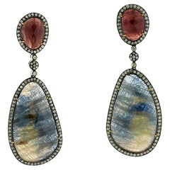 Natural Multi Sapphire Victorian Style Dangle Earrings With Pave Diamonds Natural Multi Sapphire Victorian Style Dangle Earrings With Pave Diamonds