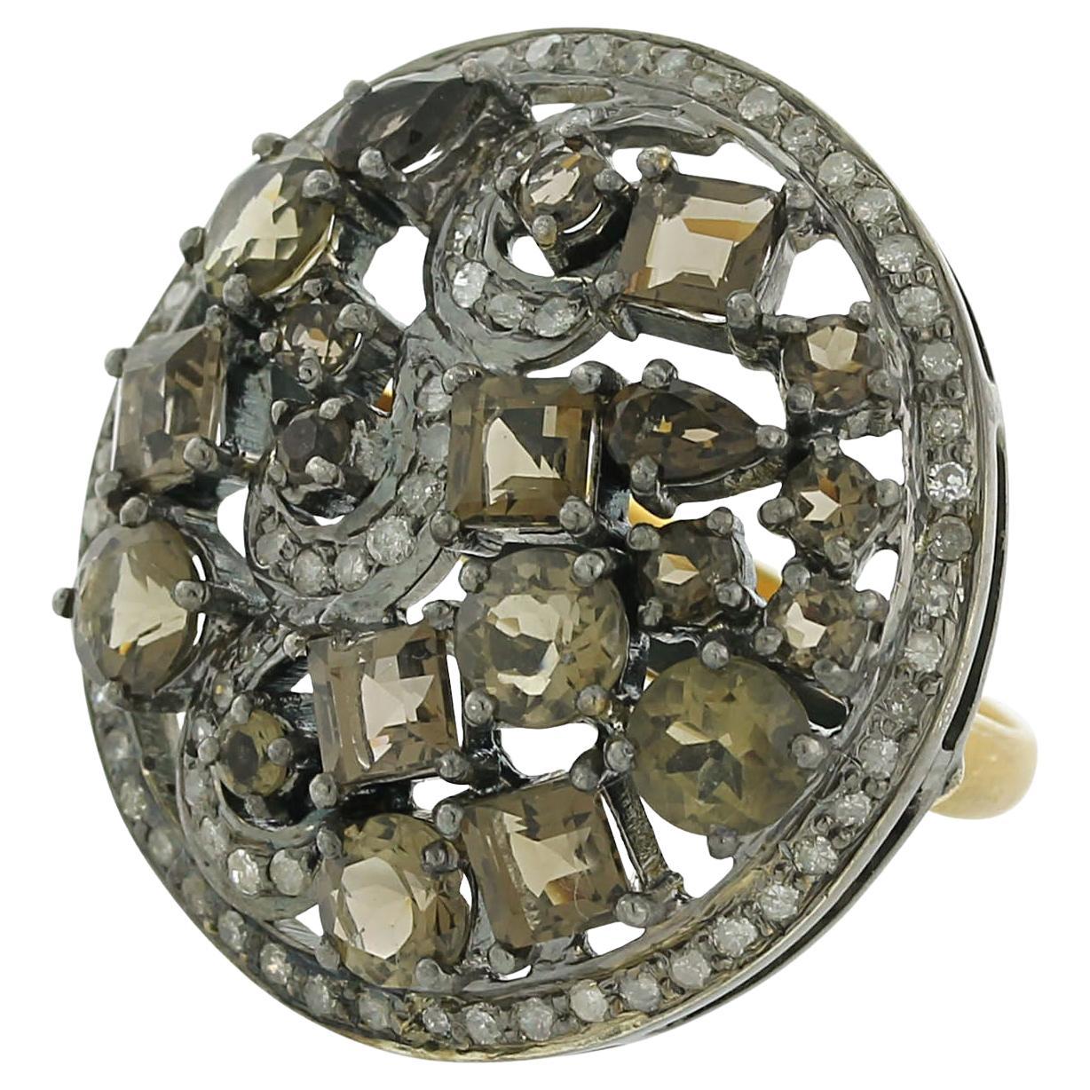 Natural Multi-Shaped Smoky Quartz Filigree Two-Tone Cocktail Ring For Sale