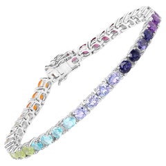 Natural Multi Stone 12 Carat Rainbow Tennis Bracelet Set in Silver