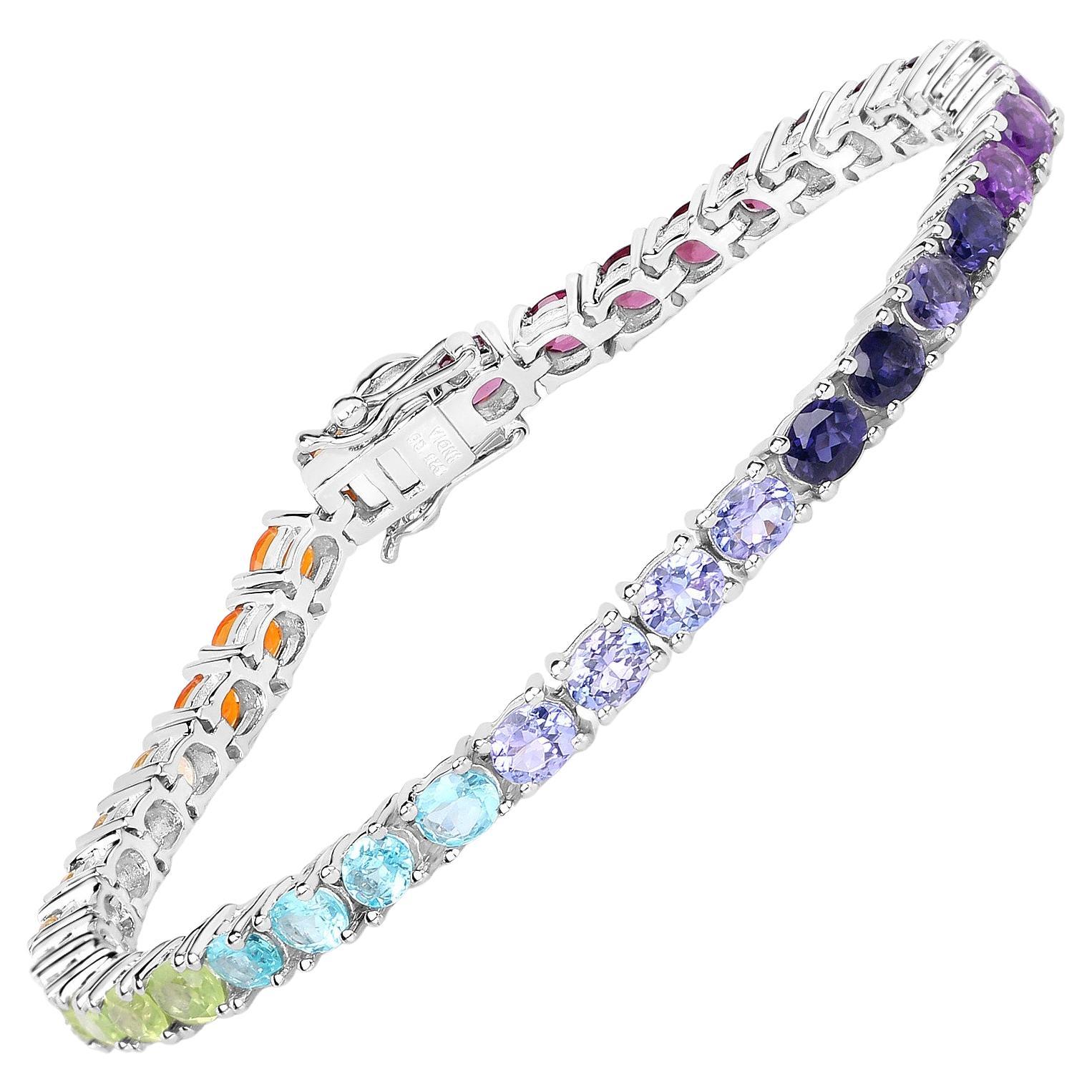 Natural Multi Stone 12 Carat Rainbow Tennis Bracelet Set In Silver For Sale