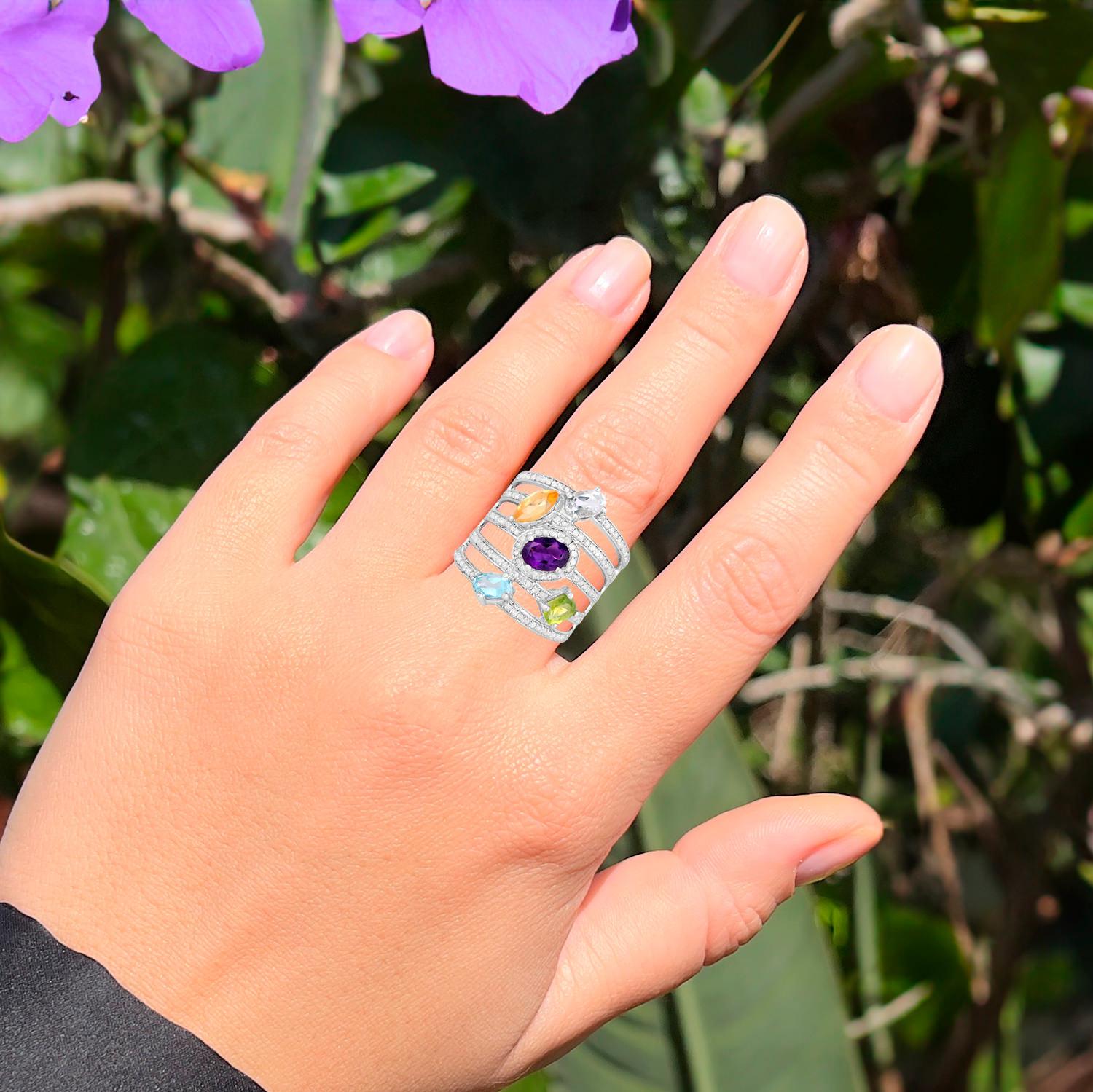 Contemporary Natural Multicolor Gemstones Cocktail Ring 3.70 Carats For Sale