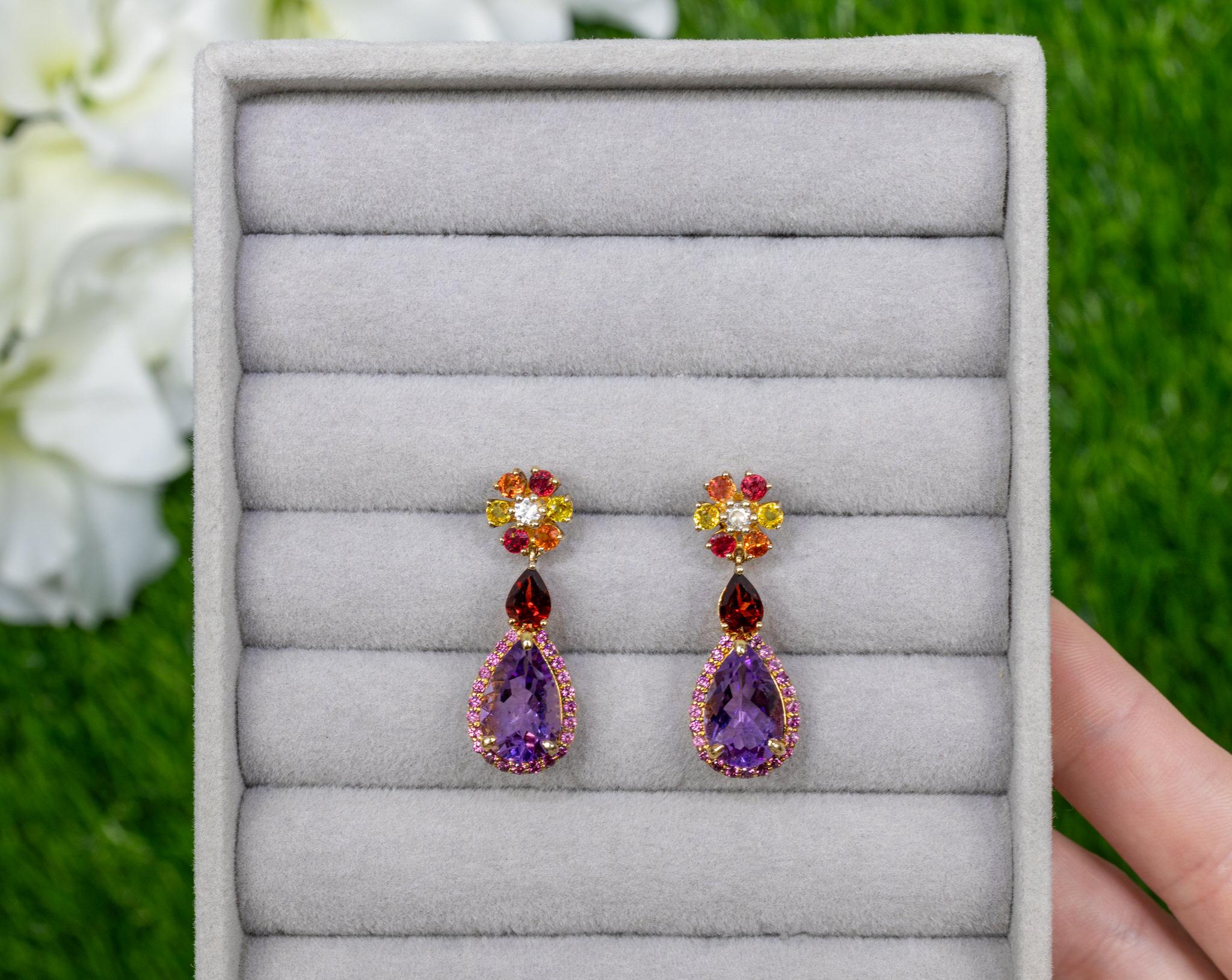 Natürliche mehrfarbige Edelsteine Ohrhänger Amethyst Saphir Granat Rhodolith (Gemischter Schliff) im Angebot