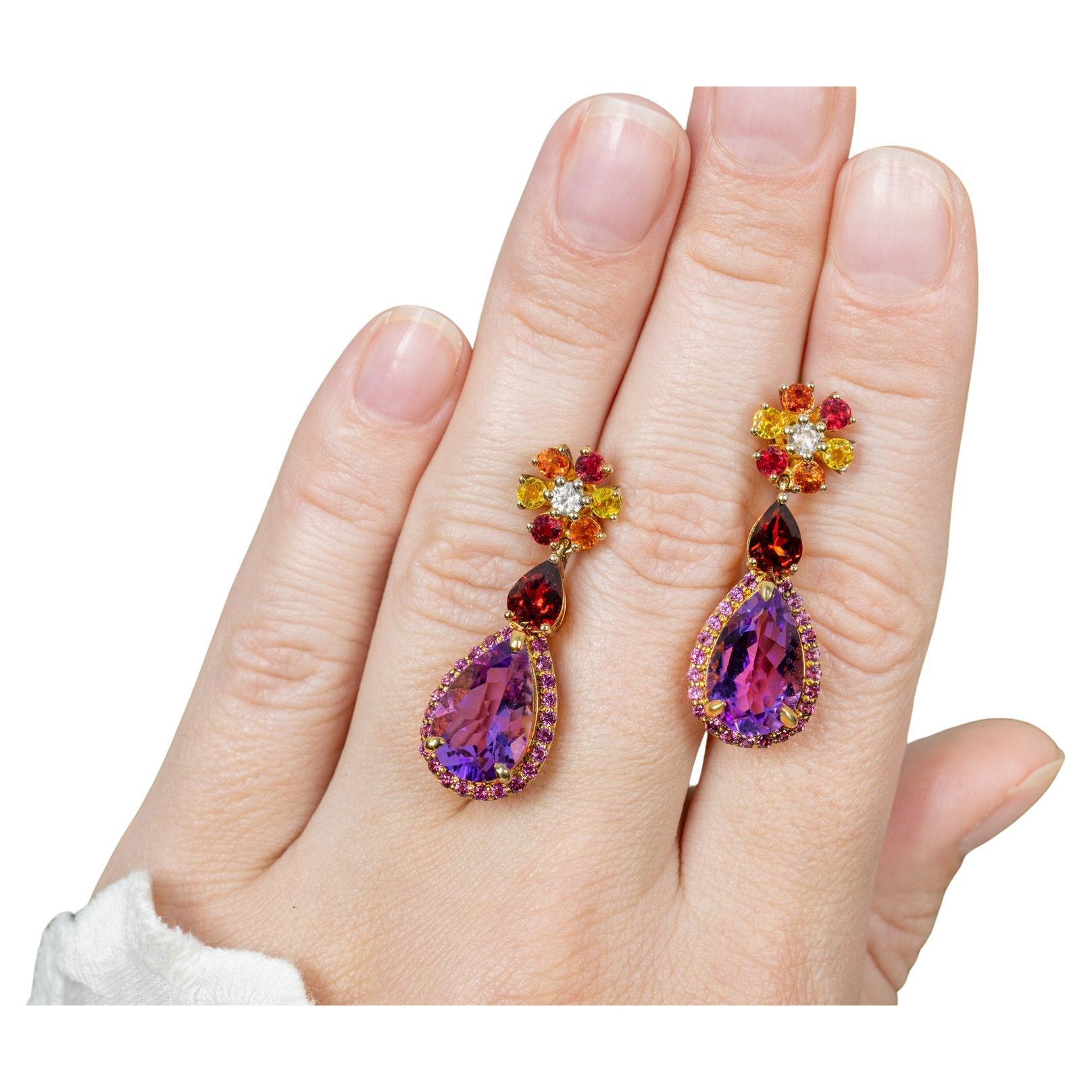 Natural Multicolor Gemstones Dangle Earrings Amethyst Sapphire Garnet Rhodolite