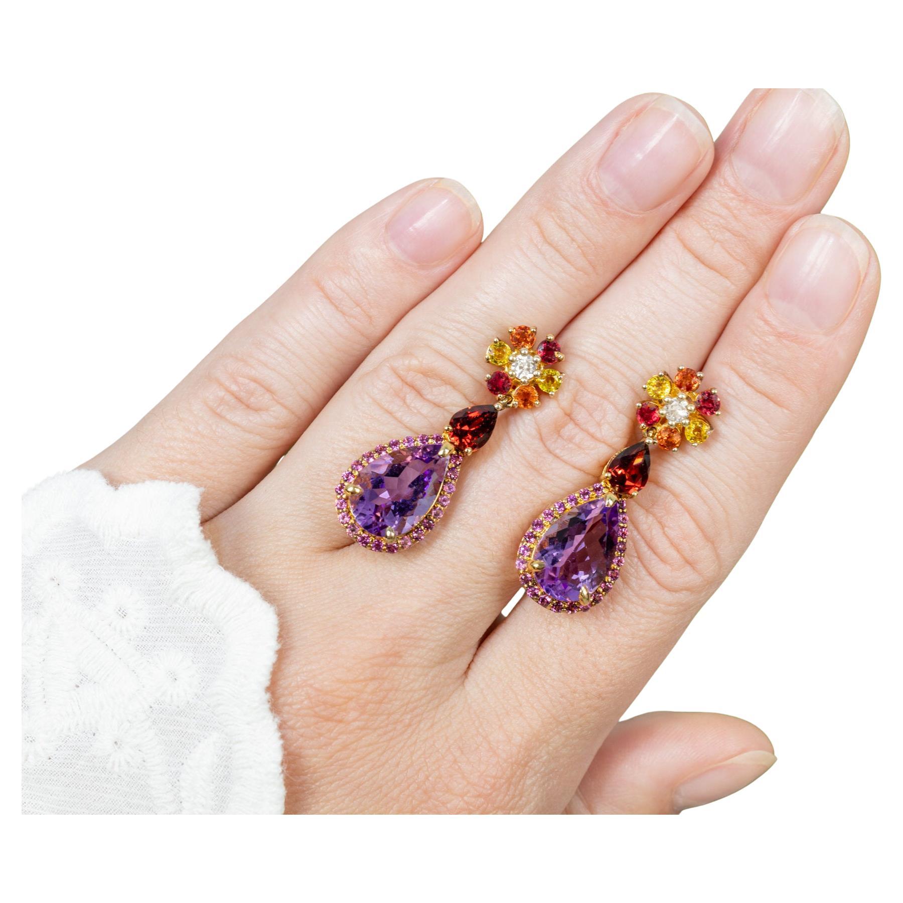 Natural Multicolor Gemstones Dangle Earrings Amethyst Sapphire Garnet Rhodolite For Sale