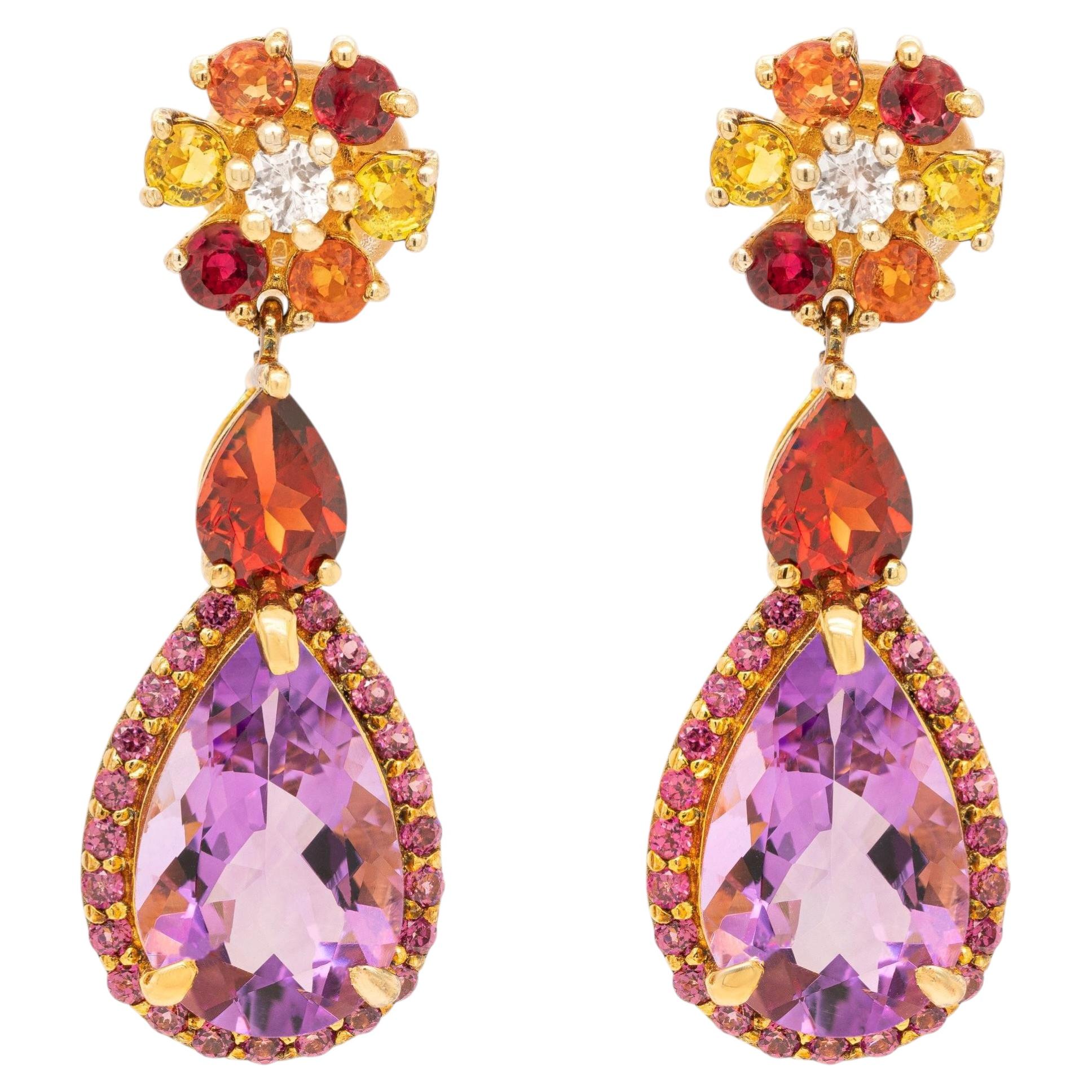 Natural Multicolor Gemstones Dangle Earrings Amethyst Sapphire Garnet Rhodolite For Sale