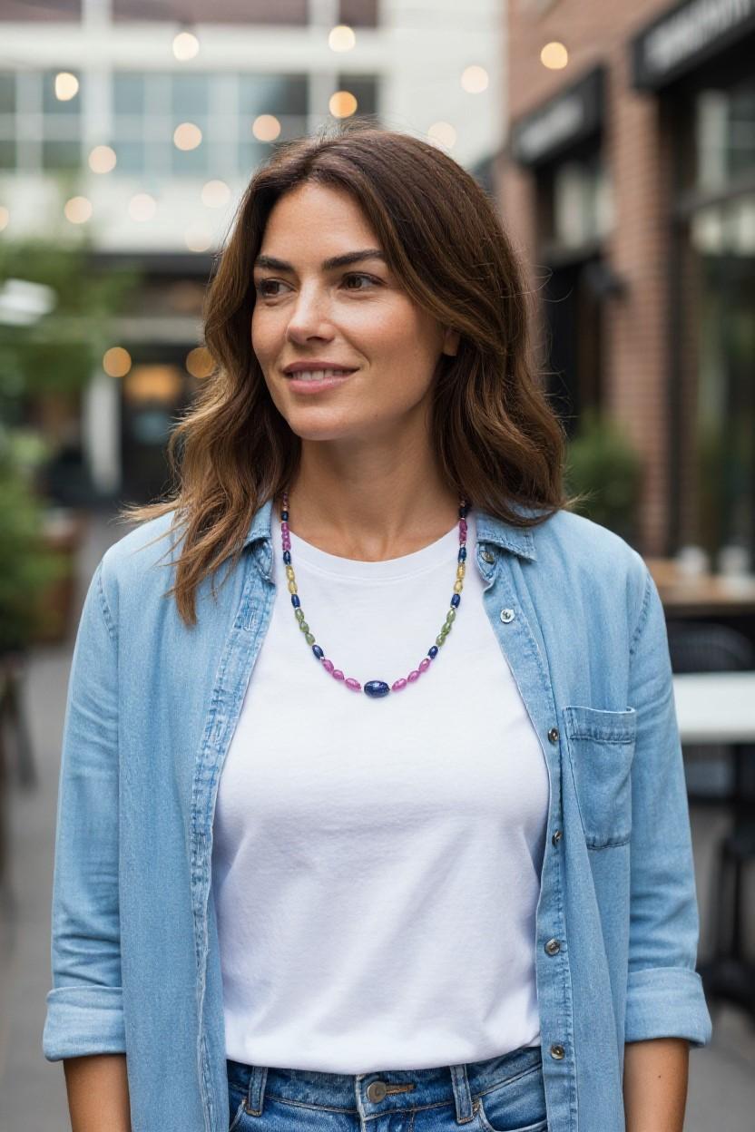 Naturel  Collier de perles en saphir multicolore avec accents en or jaune, 21 pouces en vente 4