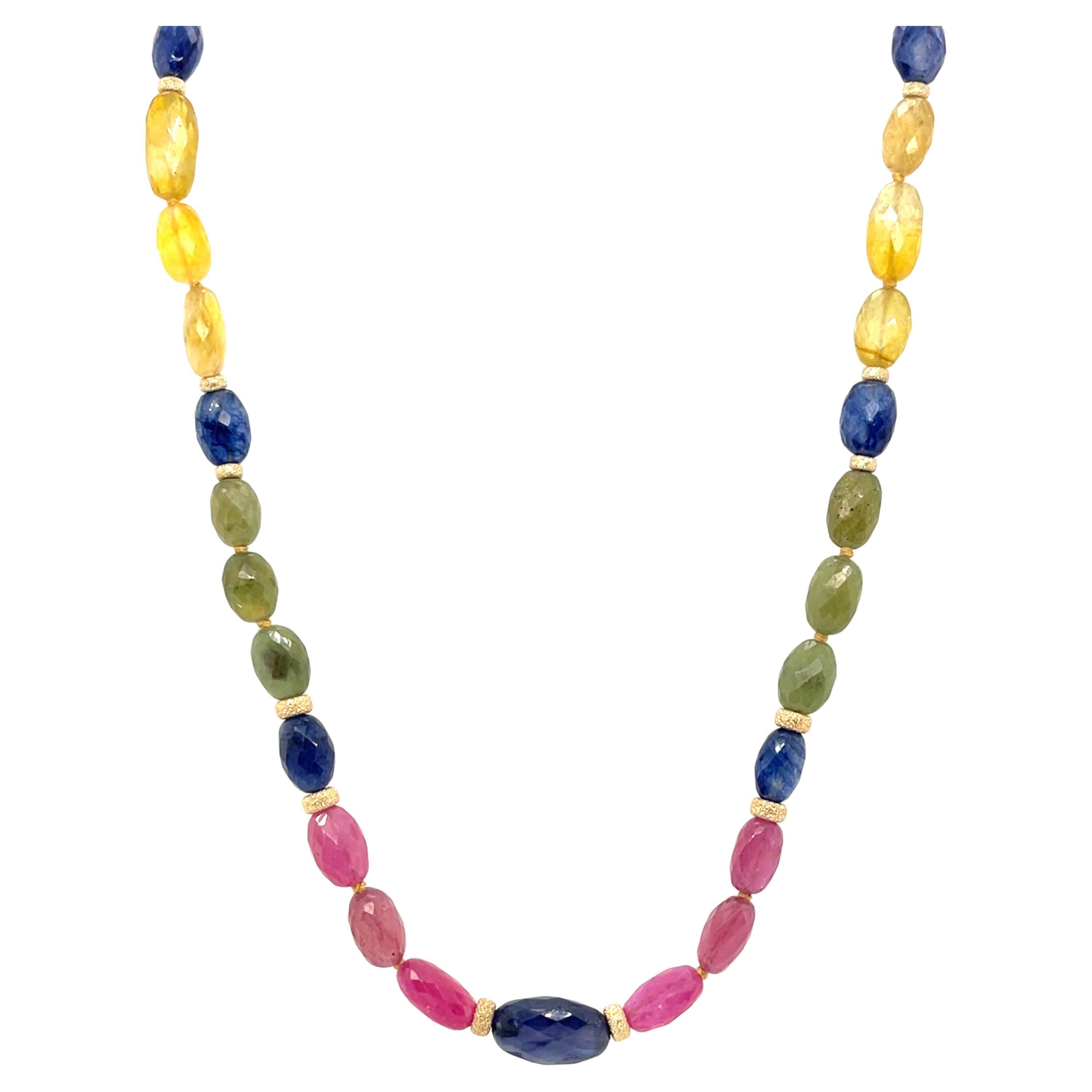 Naturale  Collana di zaffiri multicolore con perline e accenti in oro giallo, 21 pollici
