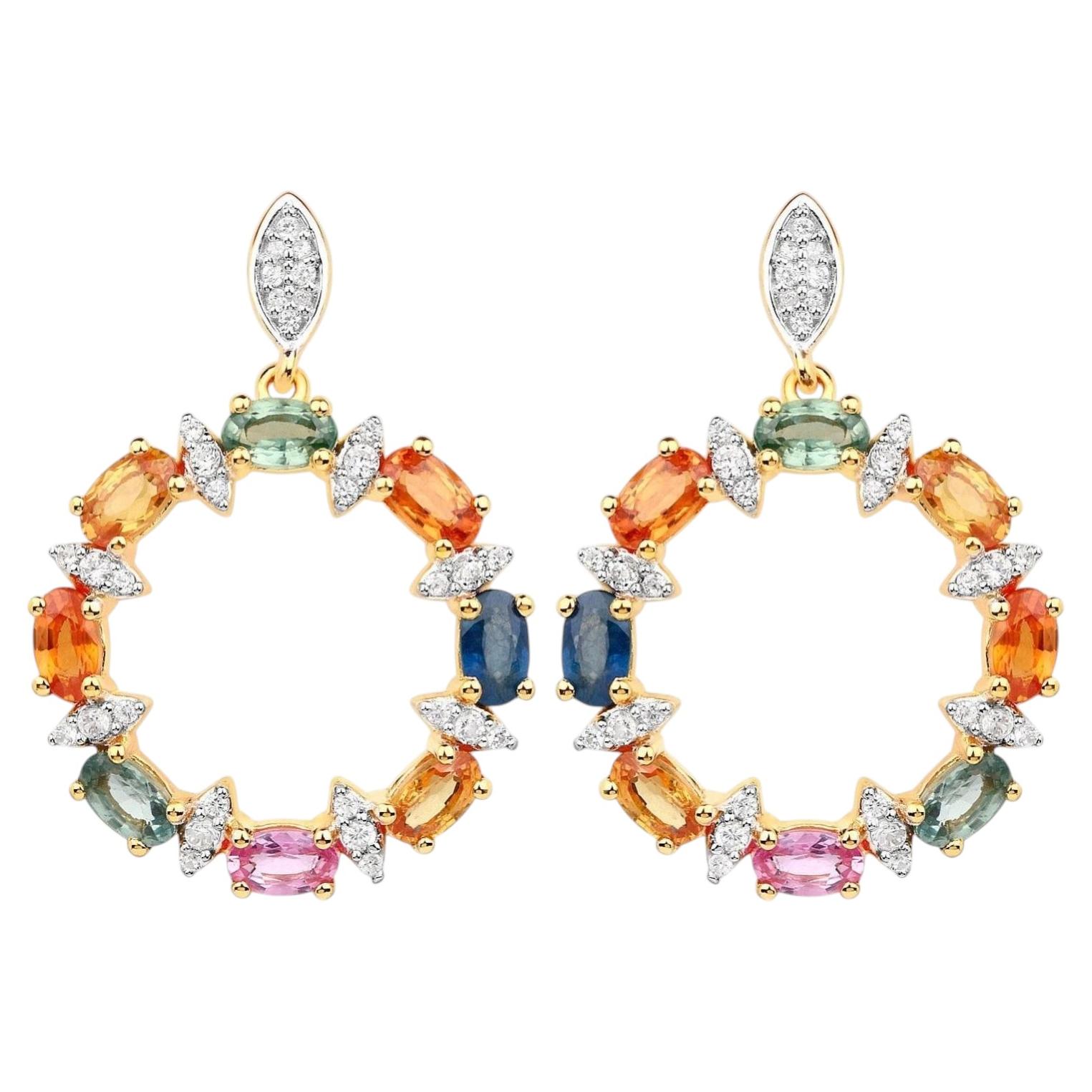 Natürliche Multicolor Saphir-Ohrringe Weißer Zirkon 4,1 Karat Vergoldetes Silber