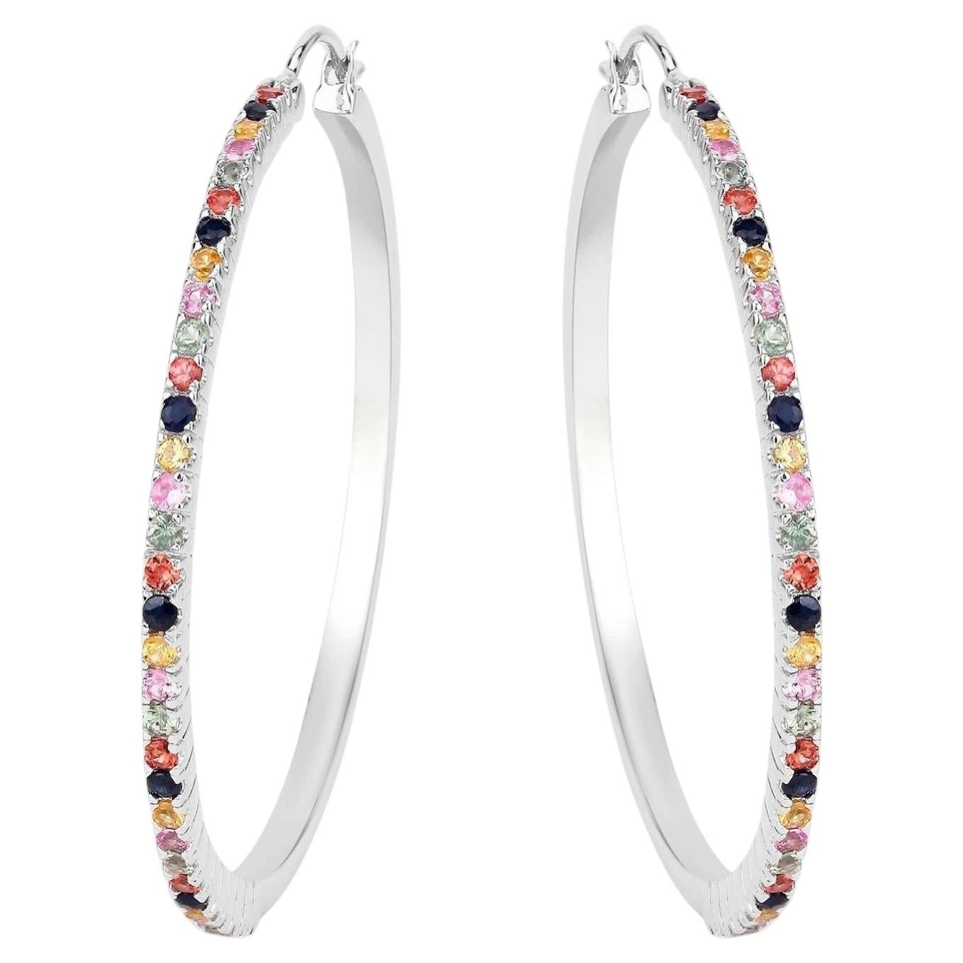 Natural Multicolor Sapphire Hoop Earrings 2.16 Carats Sterling Silver