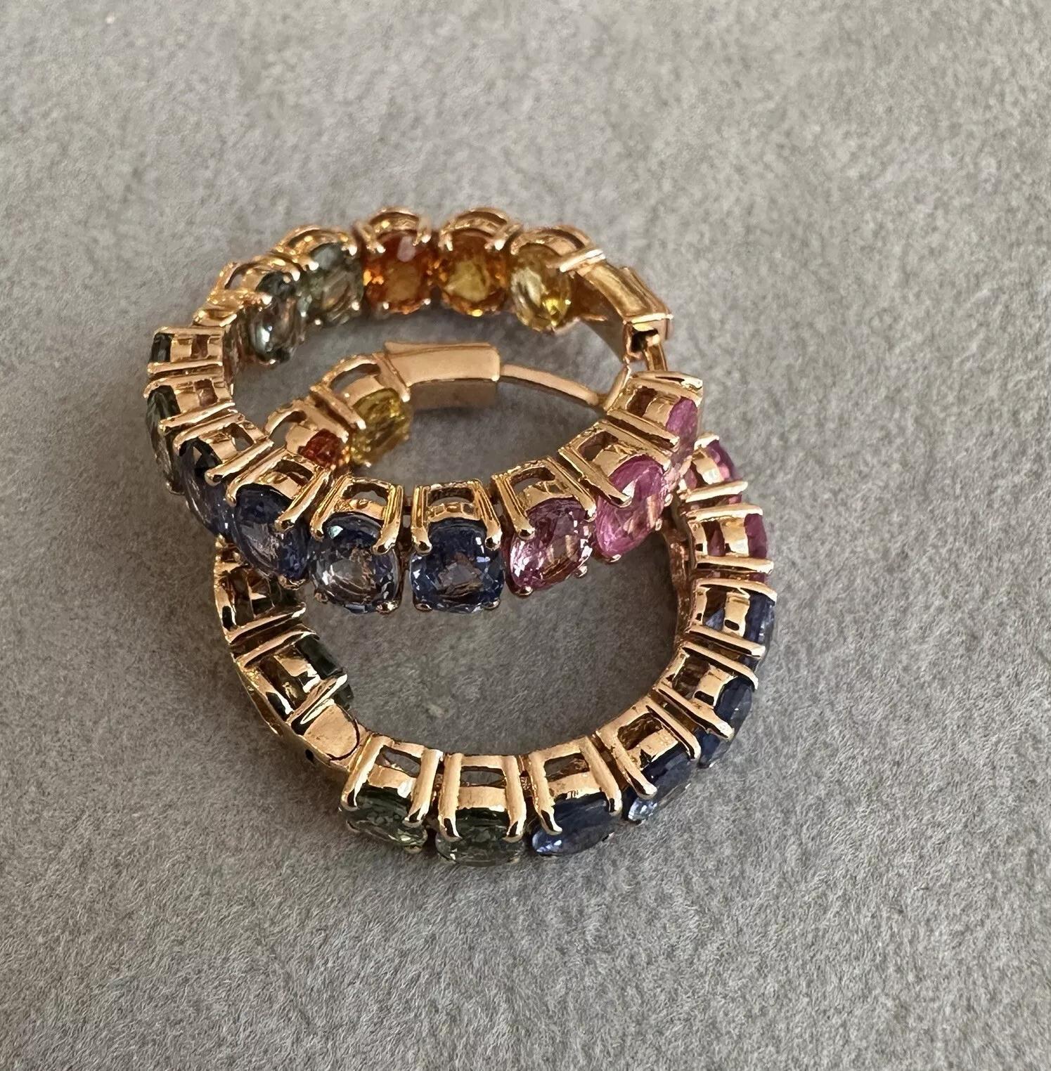Pendientes de aro de zafiro natural multicolor Inside Out de oro rosa de 18k en venta 2