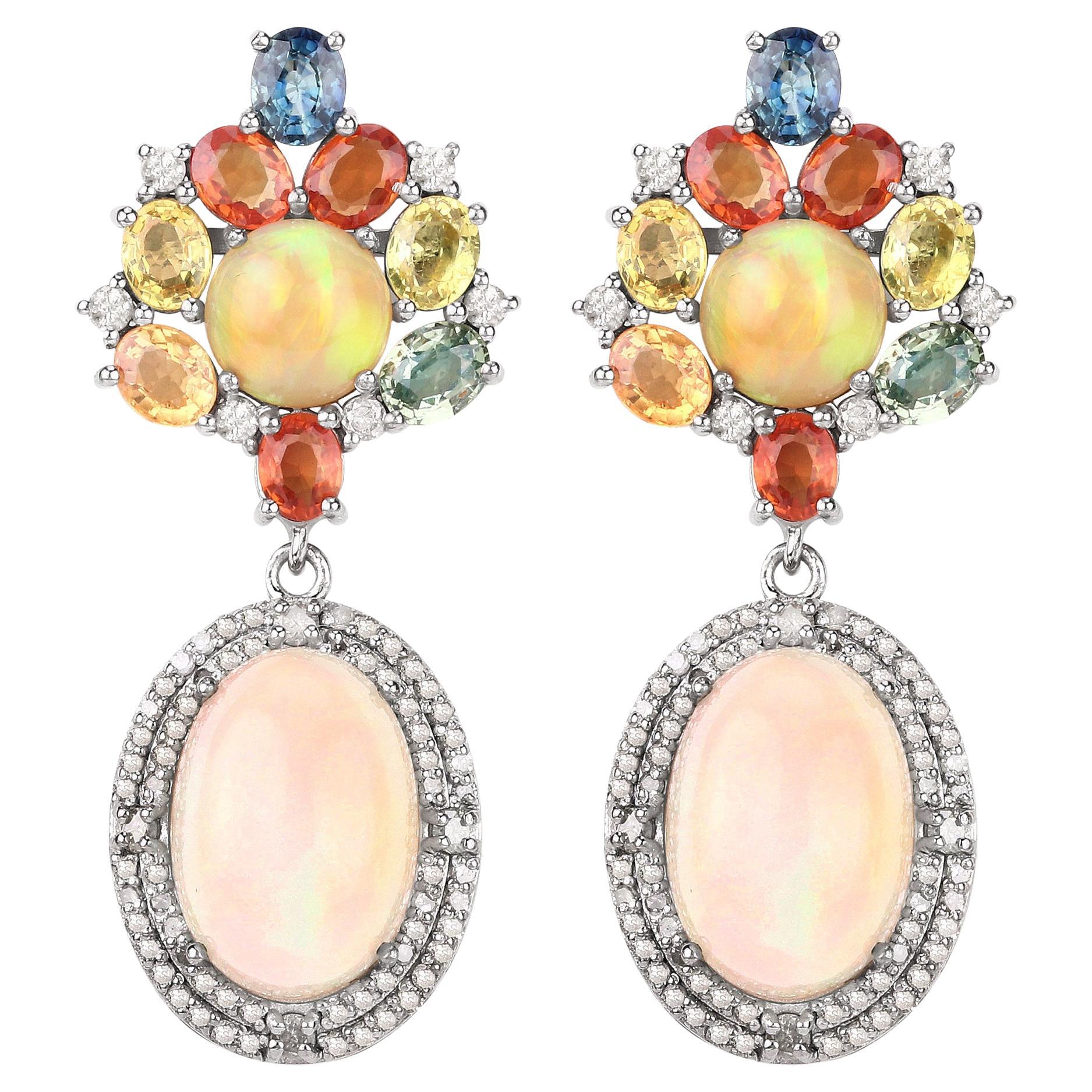Natural Multicolor Sapphire Opal and Diamond Dangle Earrings 22.50 Carats Total For Sale