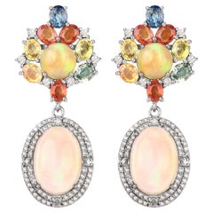 Natural Multicolor Sapphire Opal and Diamond Dangle Earrings 22.50 Carats Total