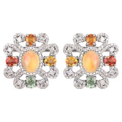 Natural Multicolor Sapphire Opal and Diamond Earrings 8.63 Carats Total