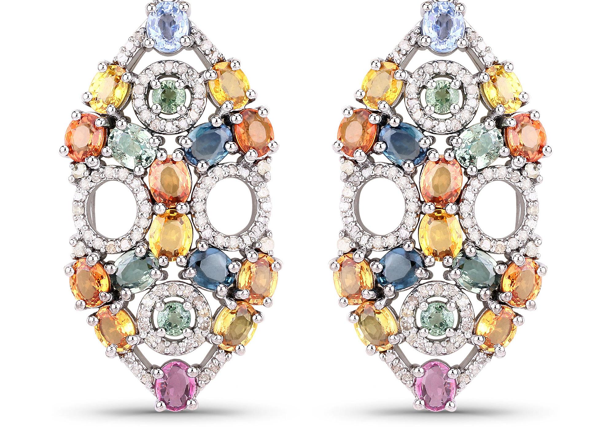 Contemporary Natural Multicolor Sapphires Opal and Diamonds Statement Earrings 16.9 Carats  For Sale