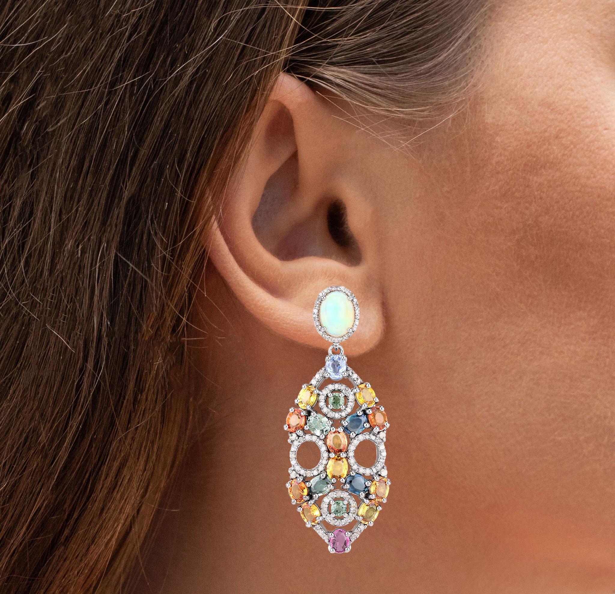 Natural Multicolor Sapphires Opal and Diamonds Statement Earrings 16.9 Carats  In New Condition For Sale In Laguna Niguel, CA