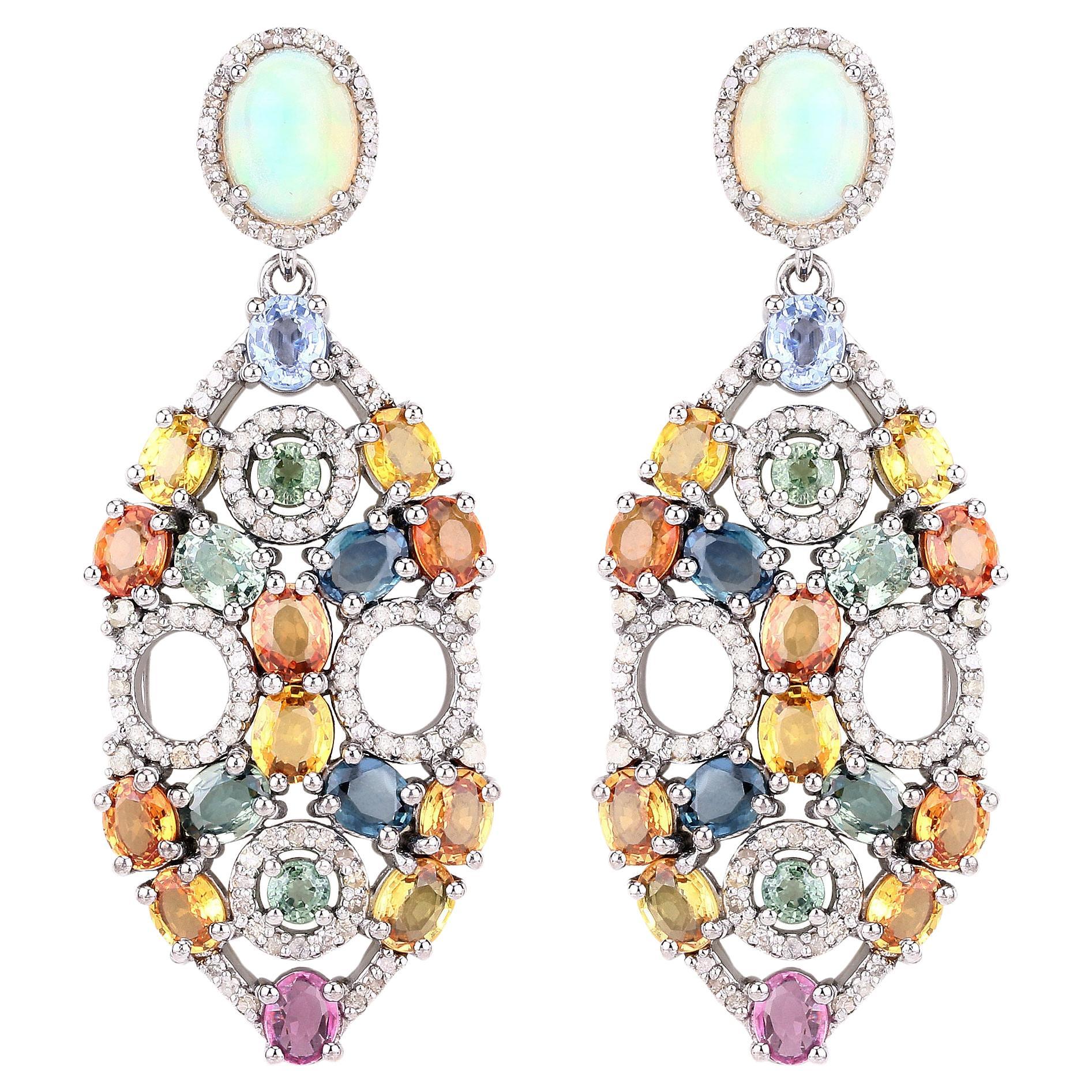 Natural Multicolor Sapphires Opal and Diamonds Statement Earrings 16.9 Carats  For Sale