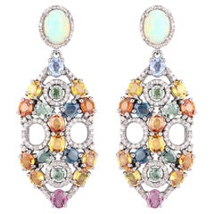 Natural Multicolor Sapphires Opal and Diamonds Statement Earrings 16.9 Carats 