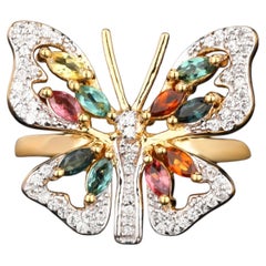 Natural Multicolor Tourmaline Butterfly Ring 1.39 Carats Gold Plated Silver