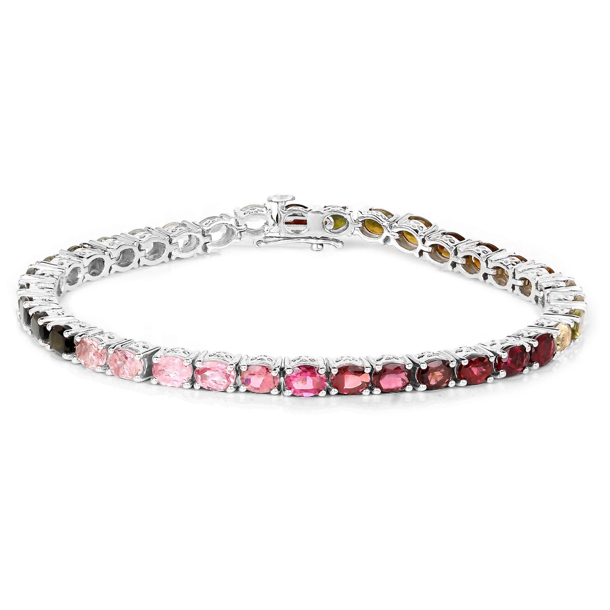 Contemporary Natural Multicolor Tourmaline Tennis Bracelet Rhodium Plated Sterling Silver For Sale