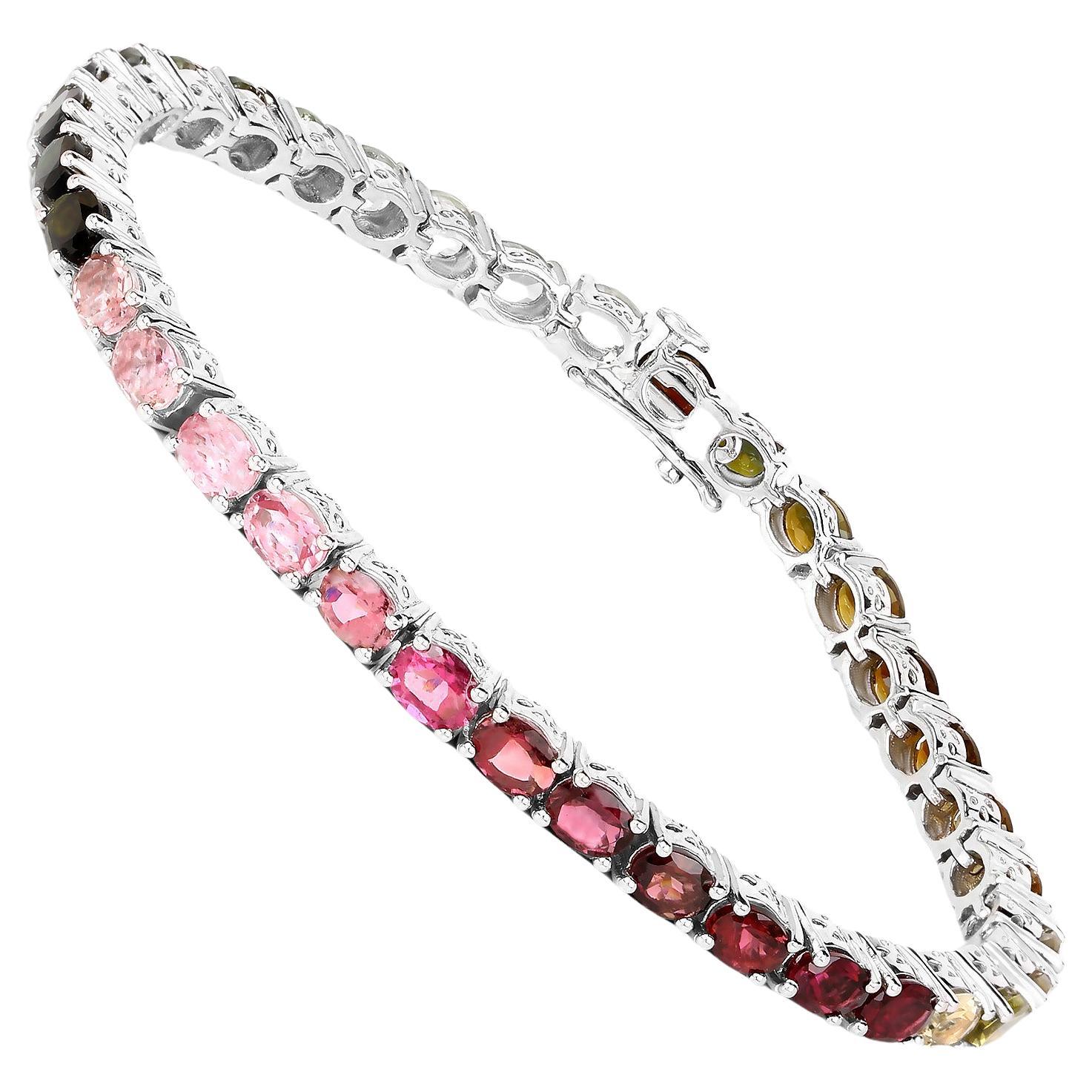 Natural Multicolor Tourmaline Tennis Bracelet Rhodium Plated Sterling Silver For Sale