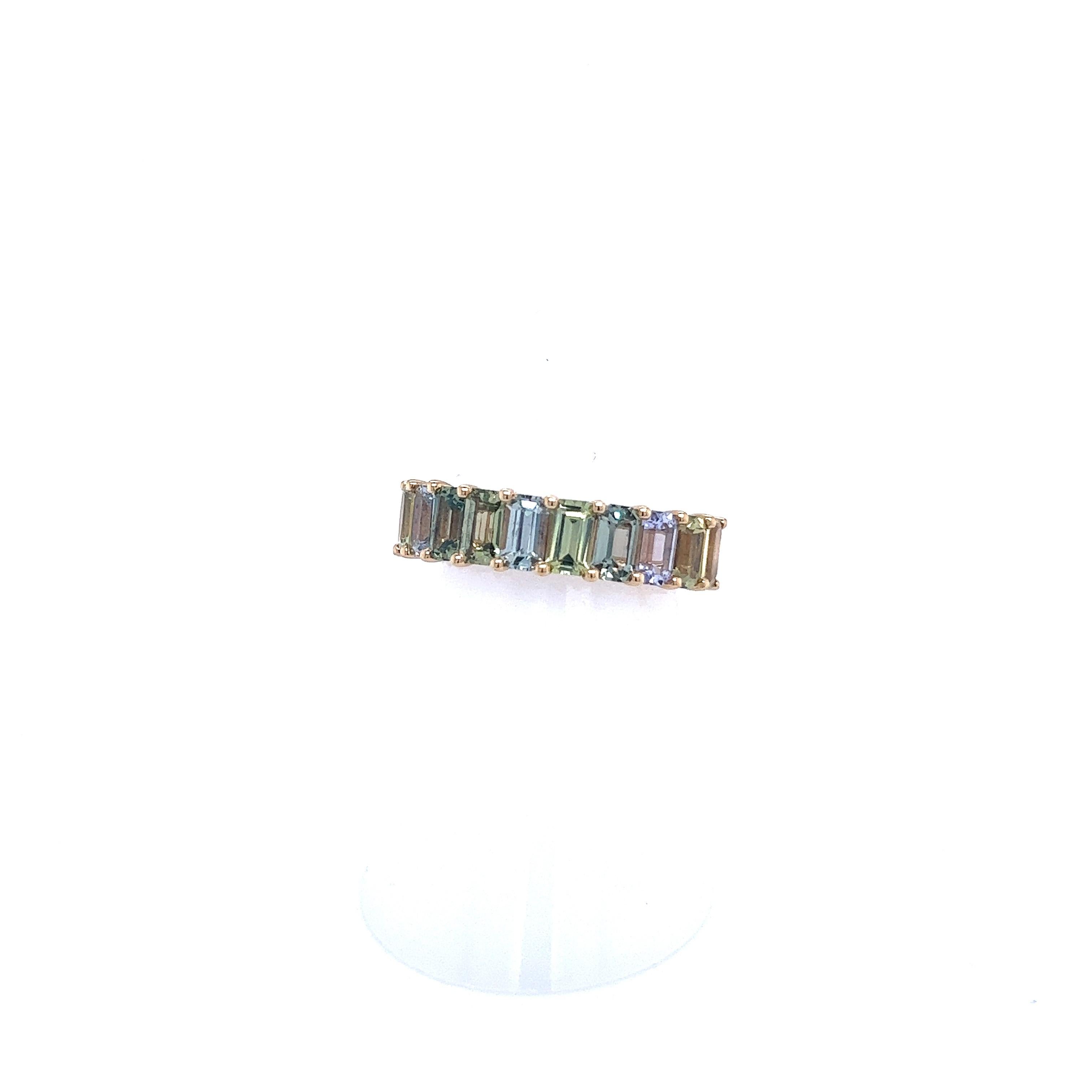 Emerald Cut Natural Multicolored Sapphire Ring 14k Y Gold 5.28 TCW Certified For Sale