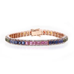 18K Gold Multi Sapphire and Diamond Tennis Bracelet, 1.18ct