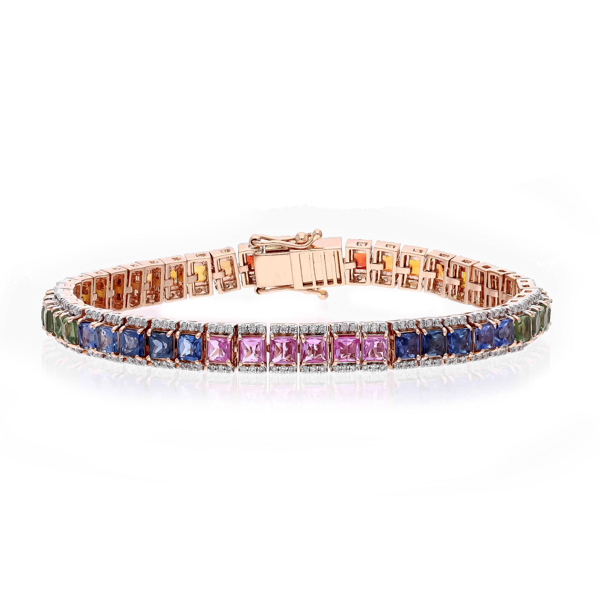 Mixed Cut Natural Multi sapphire bracelet with diamond in 18k gold For Sale