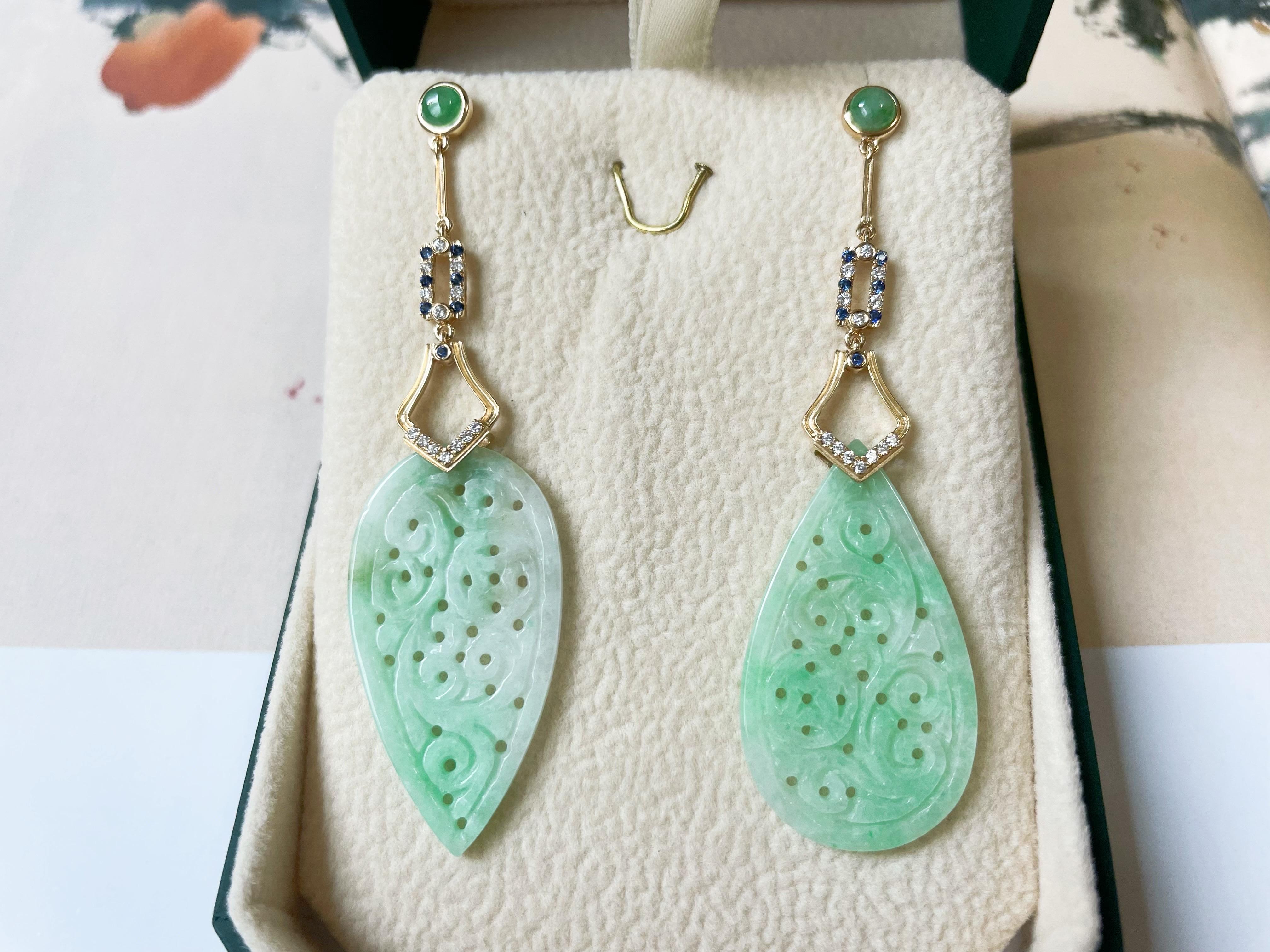 Natural Myanmar Apple Green Jadeite Carved Asymmetric Earrings For Sale 2