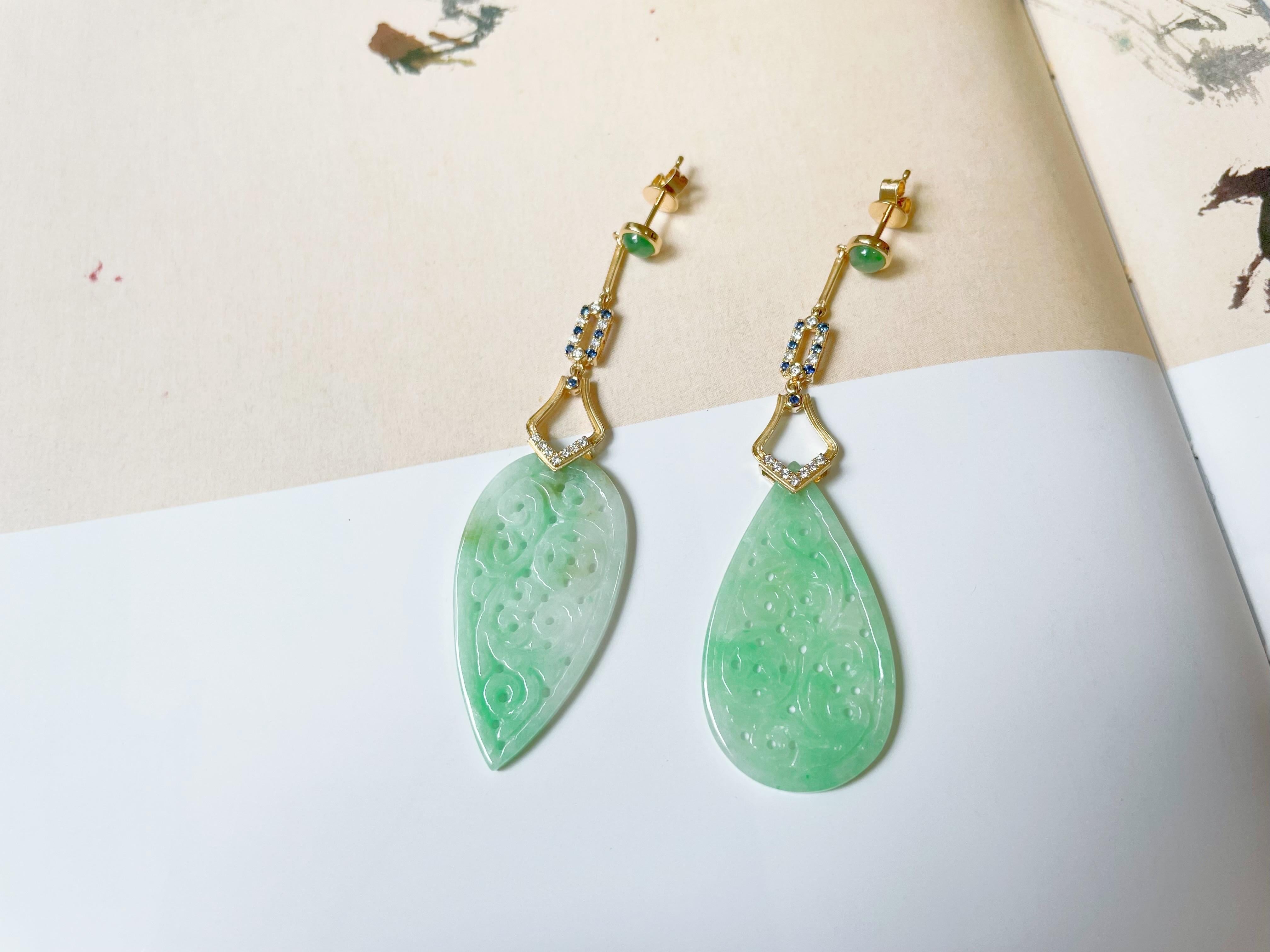 Natural Myanmar Apple Green Jadeite Carved Asymmetric Earrings For Sale 3