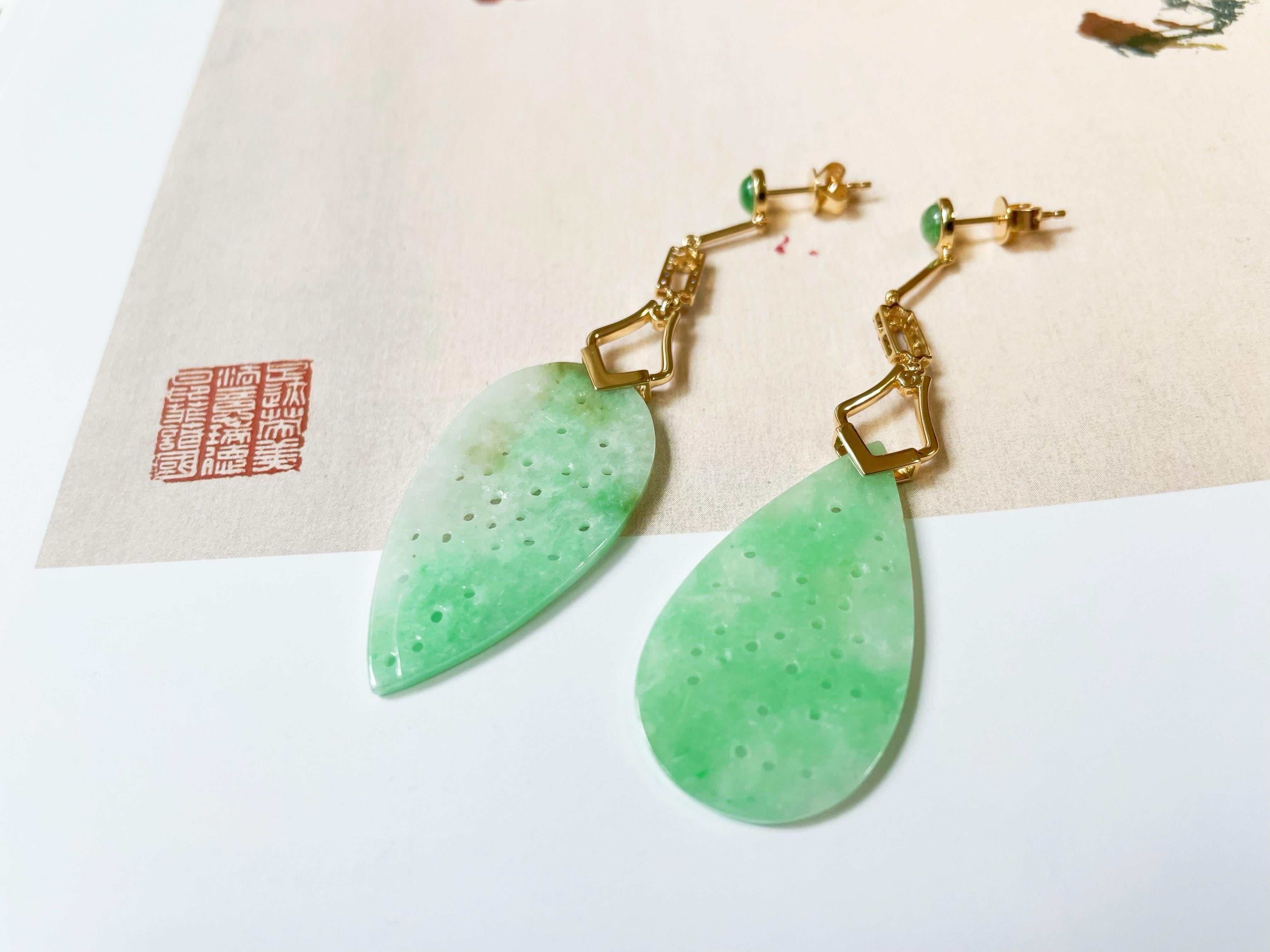 Natural Myanmar Apple Green Jadeite Carved Asymmetric Earrings For Sale 4