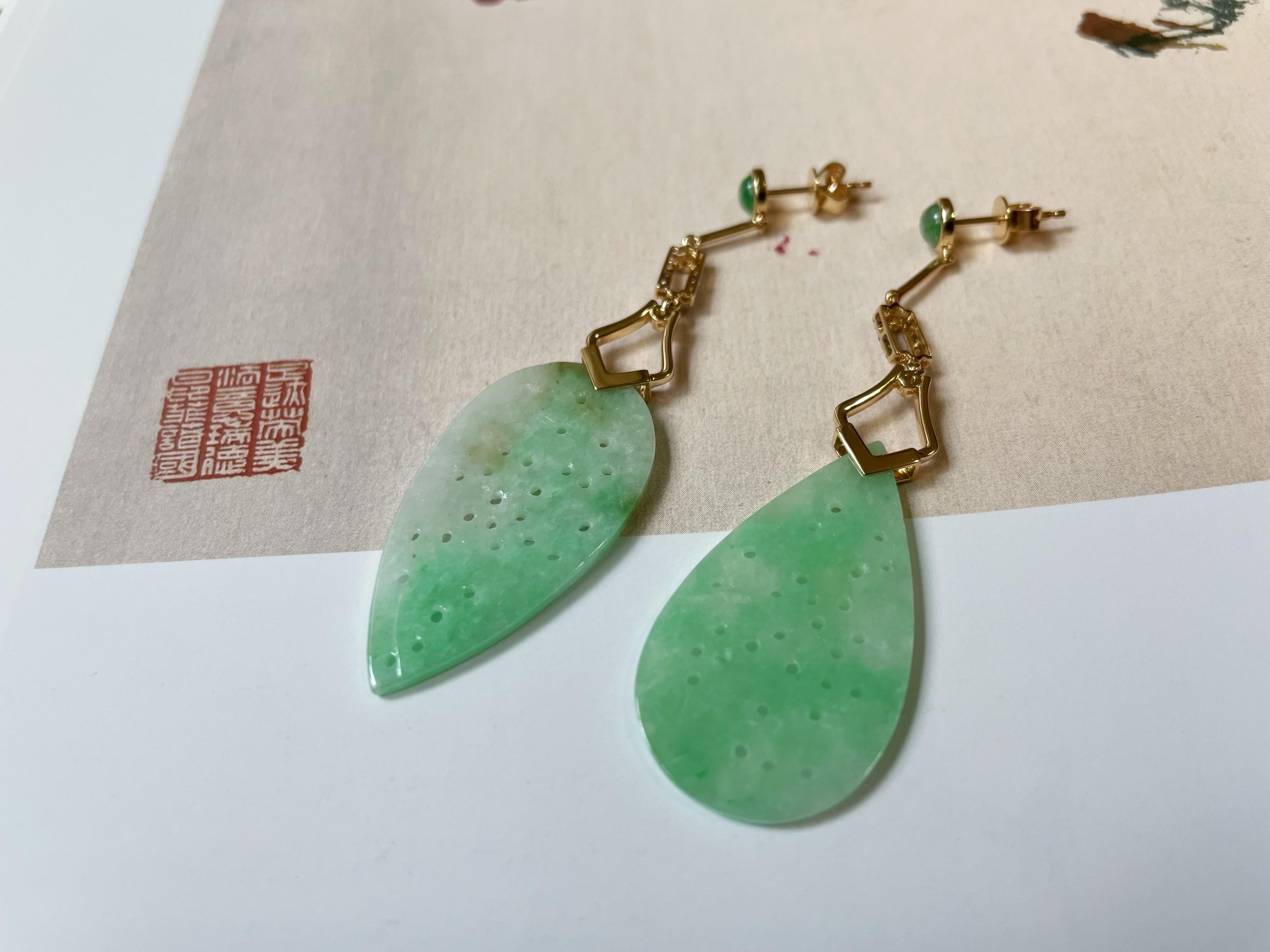 Natural Myanmar Apple Green Jadeite Carved Asymmetric Earrings For Sale 5