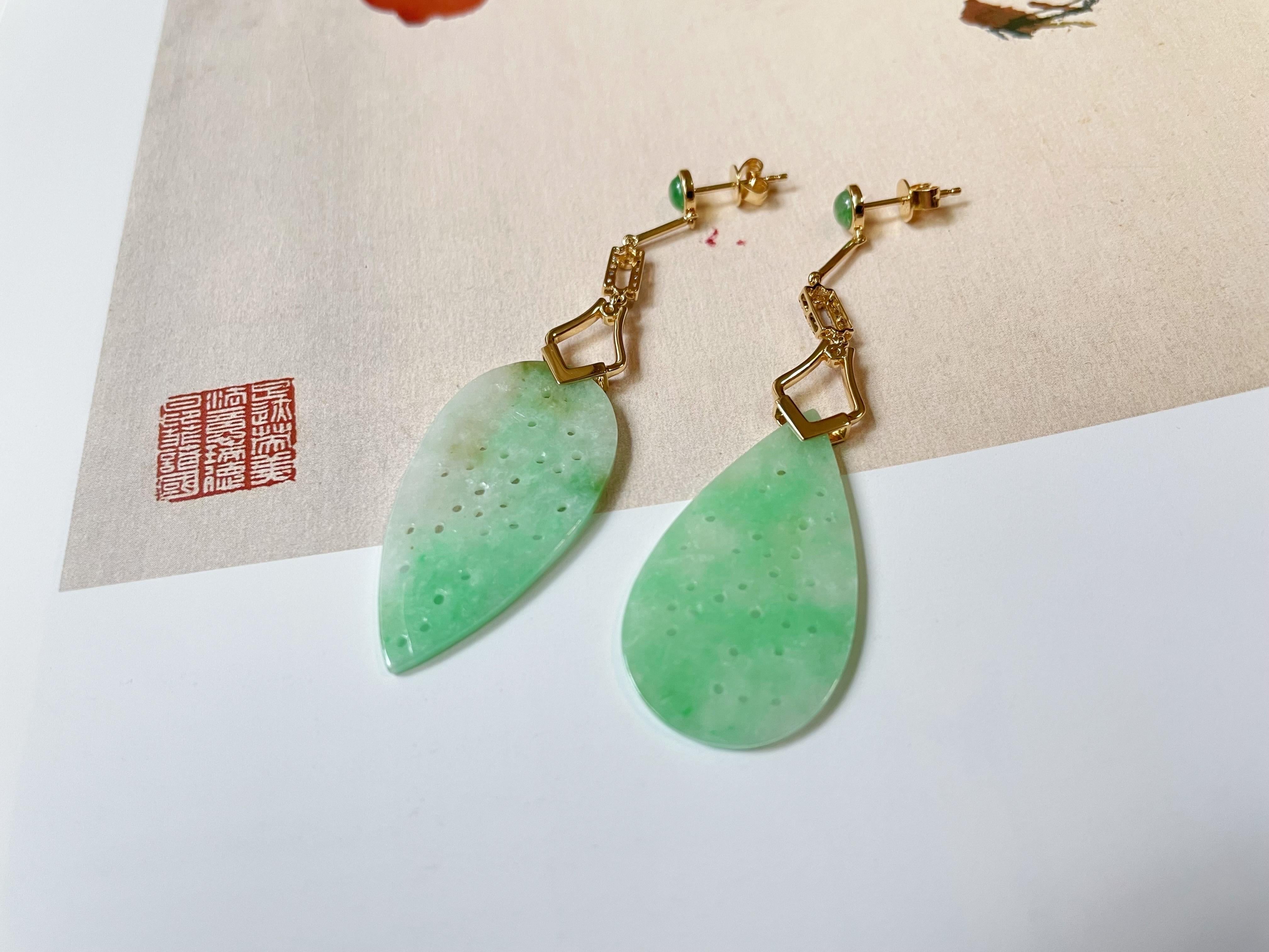 Natural Myanmar Apple Green Jadeite Carved Asymmetric Earrings For Sale 6