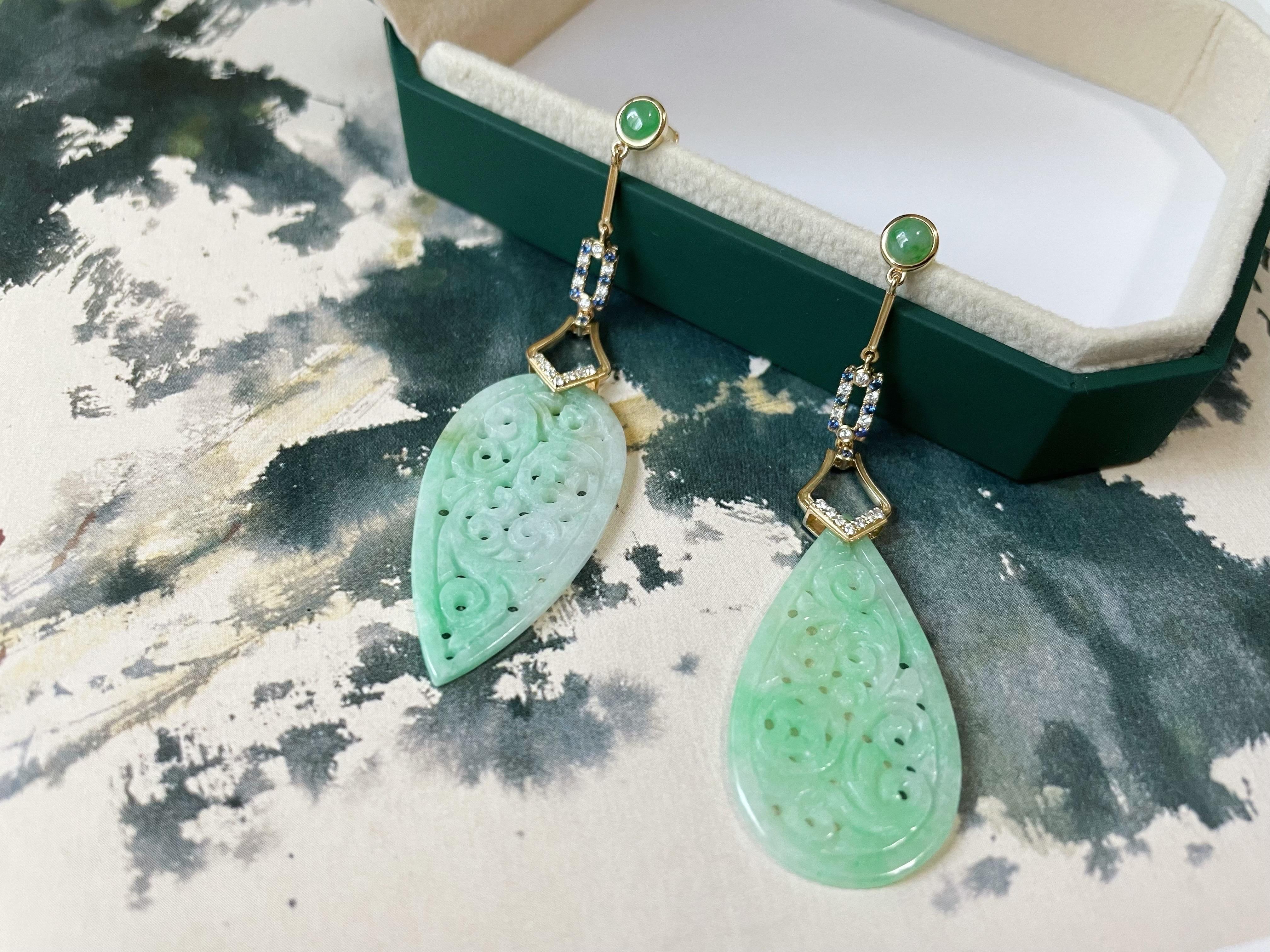 Natural Myanmar Apple Green Jadeite Carved Asymmetric Earrings For Sale 7