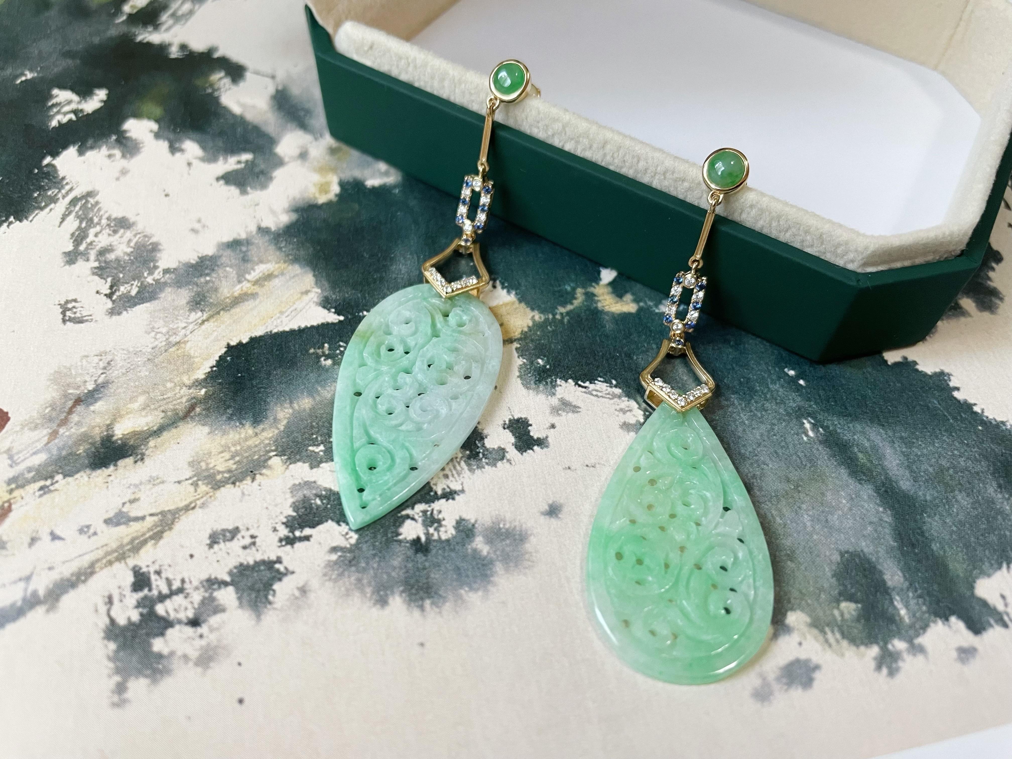 Natural Myanmar Apple Green Jadeite Carved Asymmetric Earrings For Sale 8