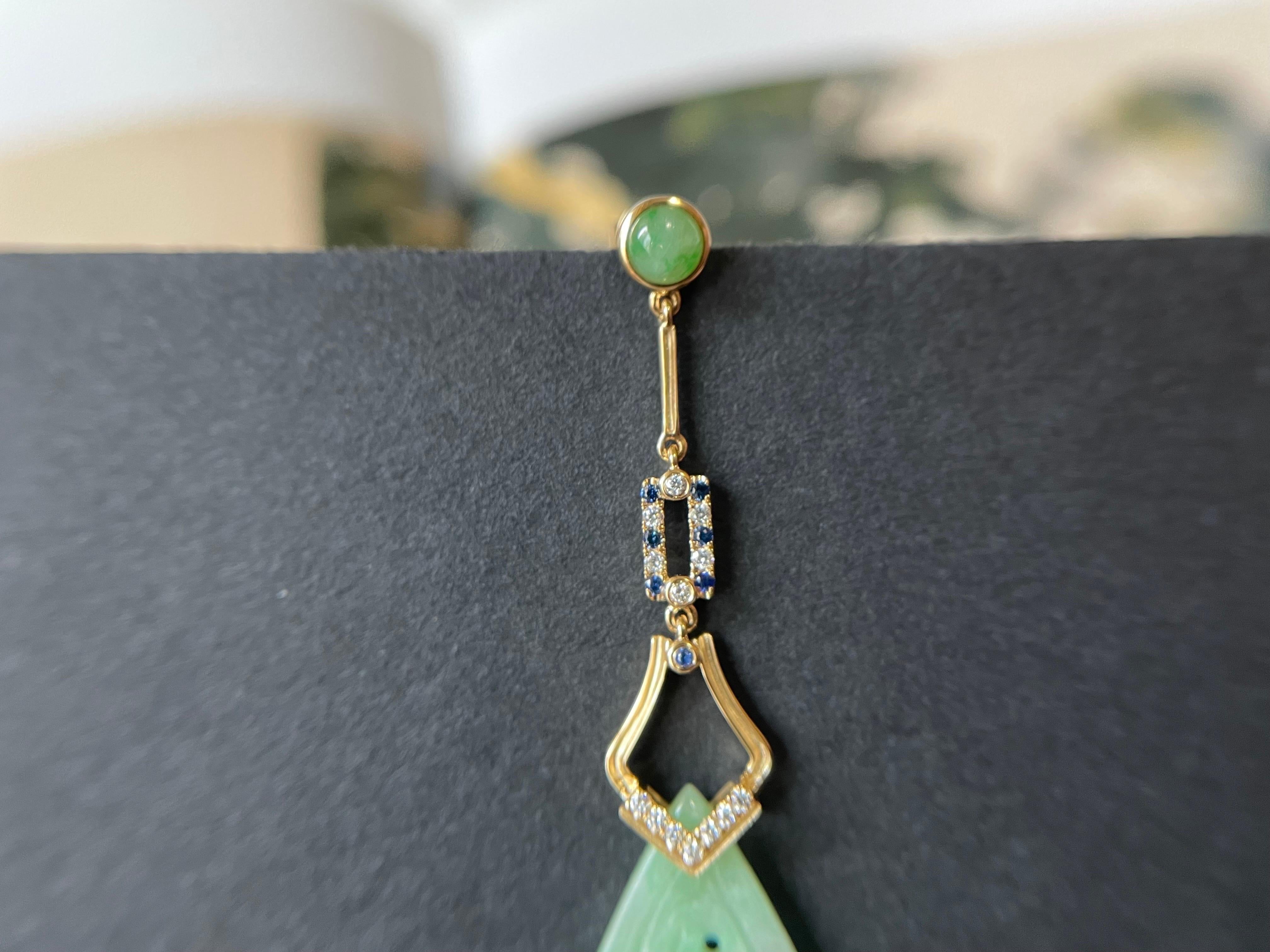 Natural Myanmar Apple Green Jadeite Carved Asymmetric Earrings For Sale 1