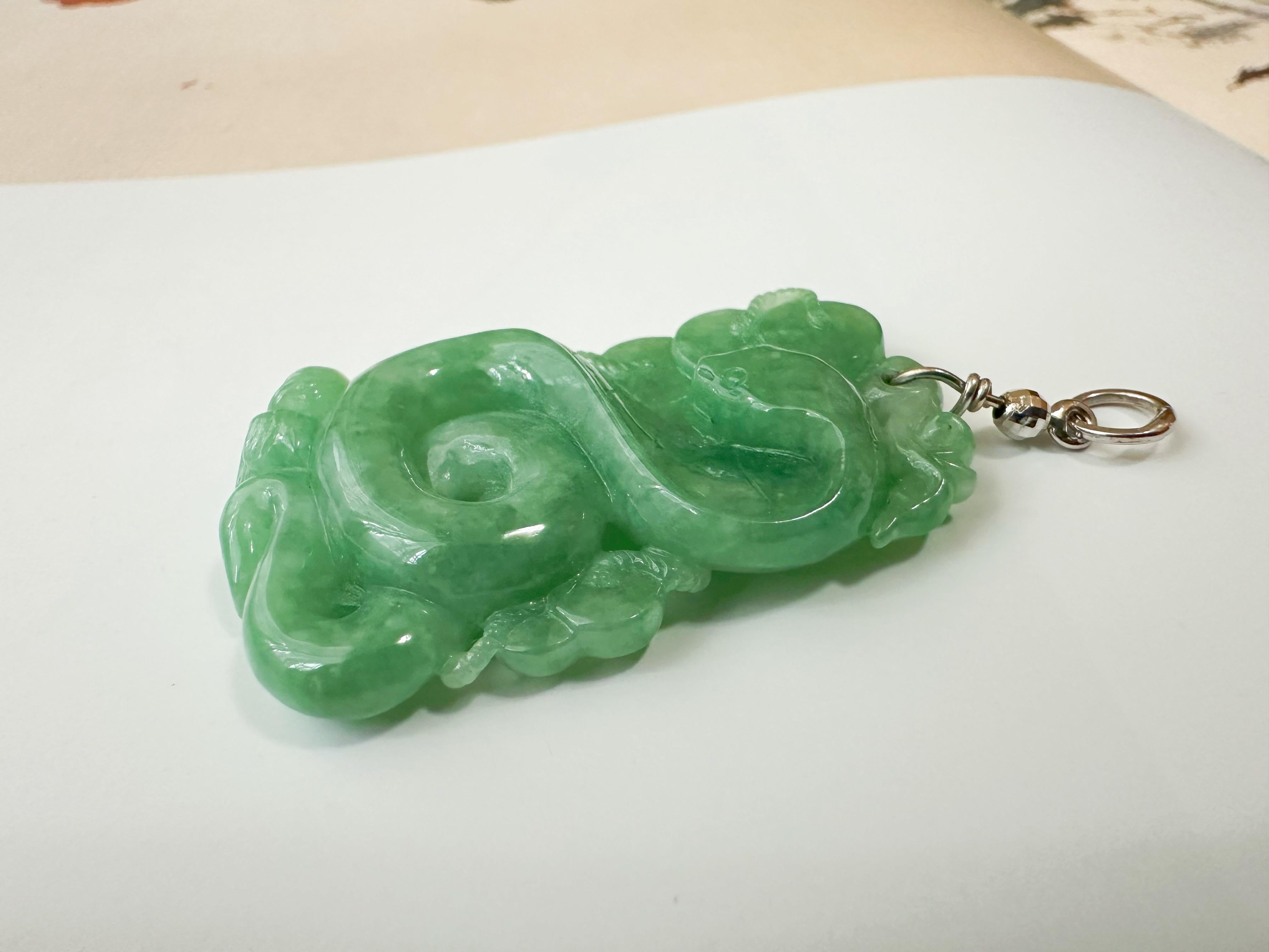 Arts and Crafts Natural Myanmar Apple Green Snake Ancient Coin Jadeite Jade Pendant For Sale