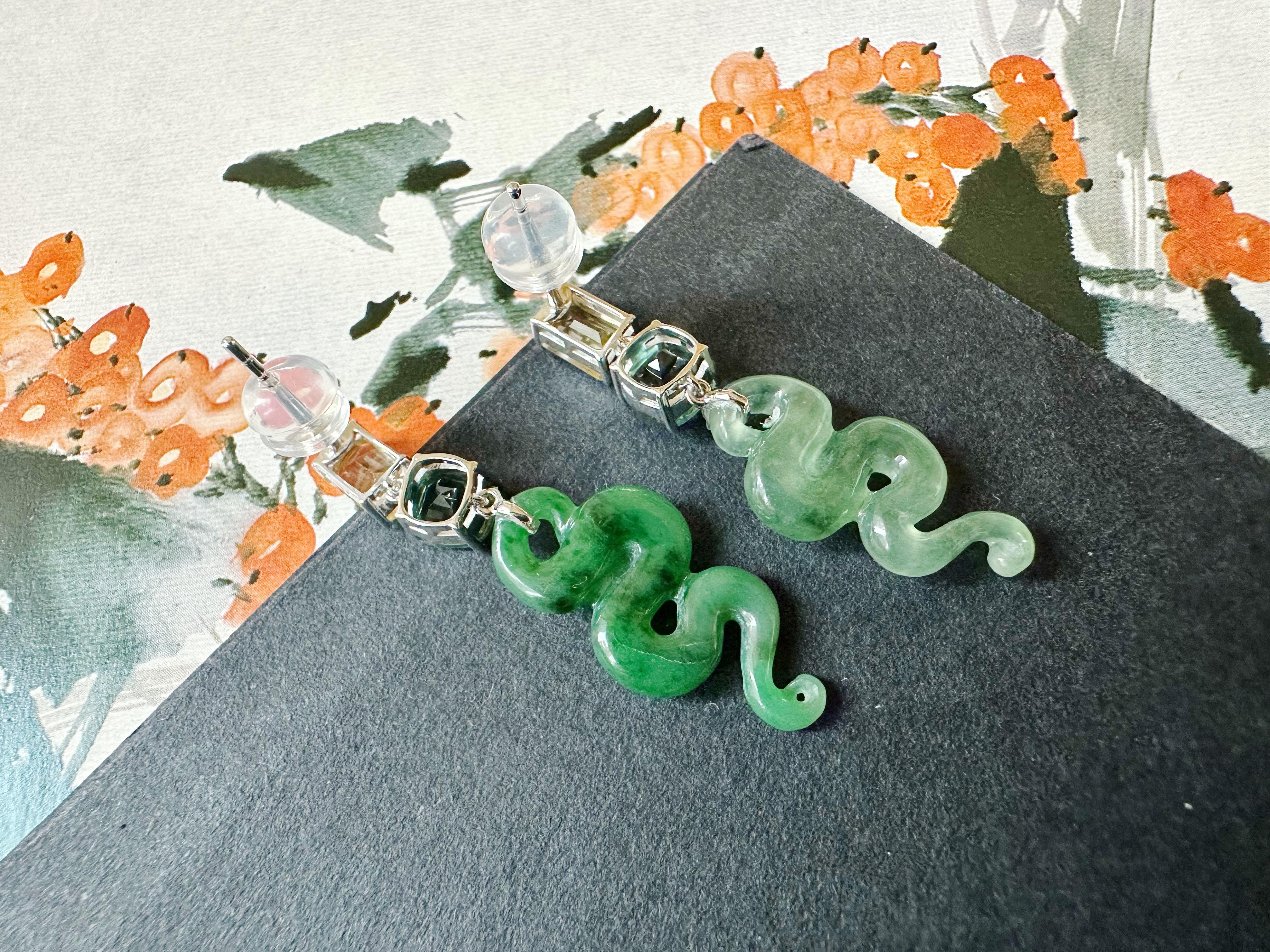 Certified Natural Myanmar Jade Snake Earrings in 18K White Gold with Sapphires For Sale 4