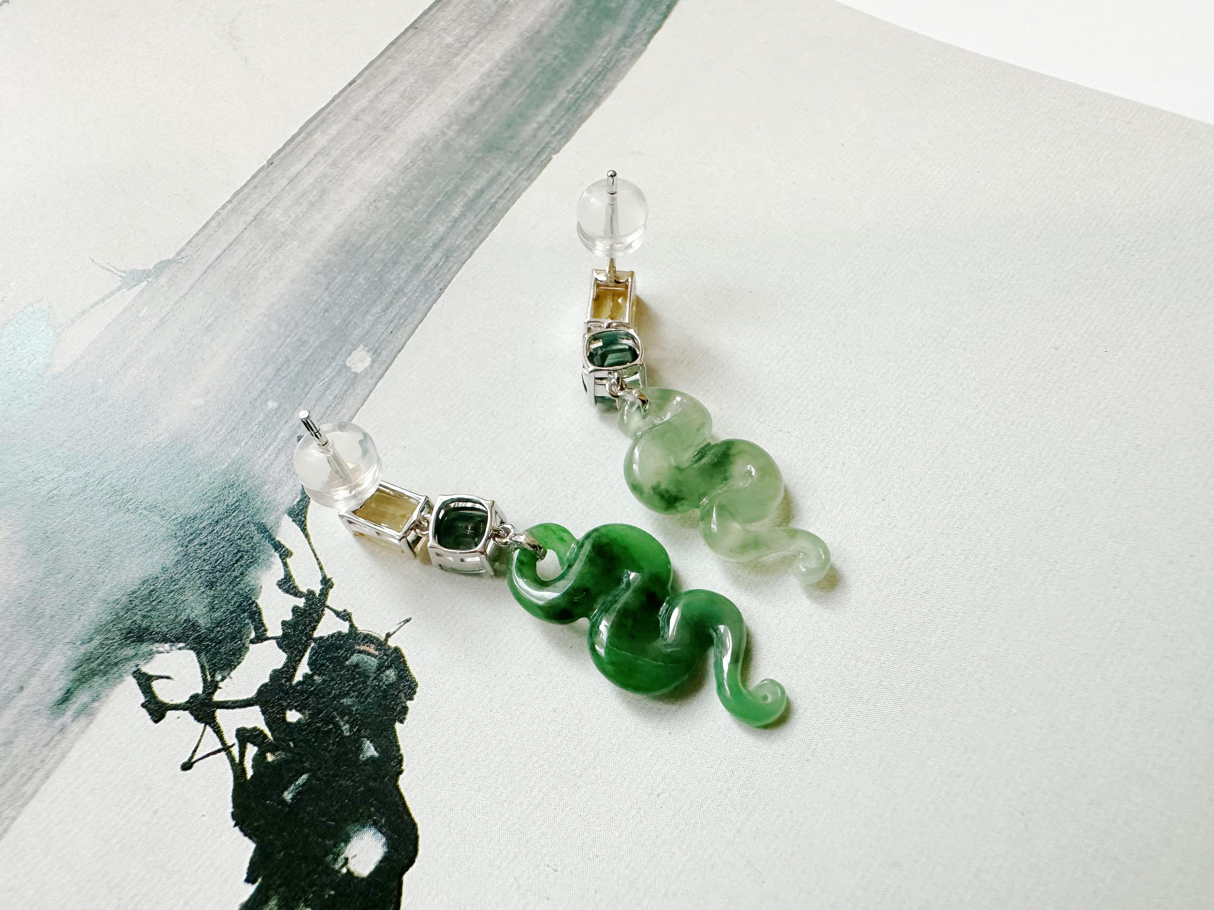 Certified Natural Myanmar Jade Snake Earrings in 18K White Gold with Sapphires For Sale 5