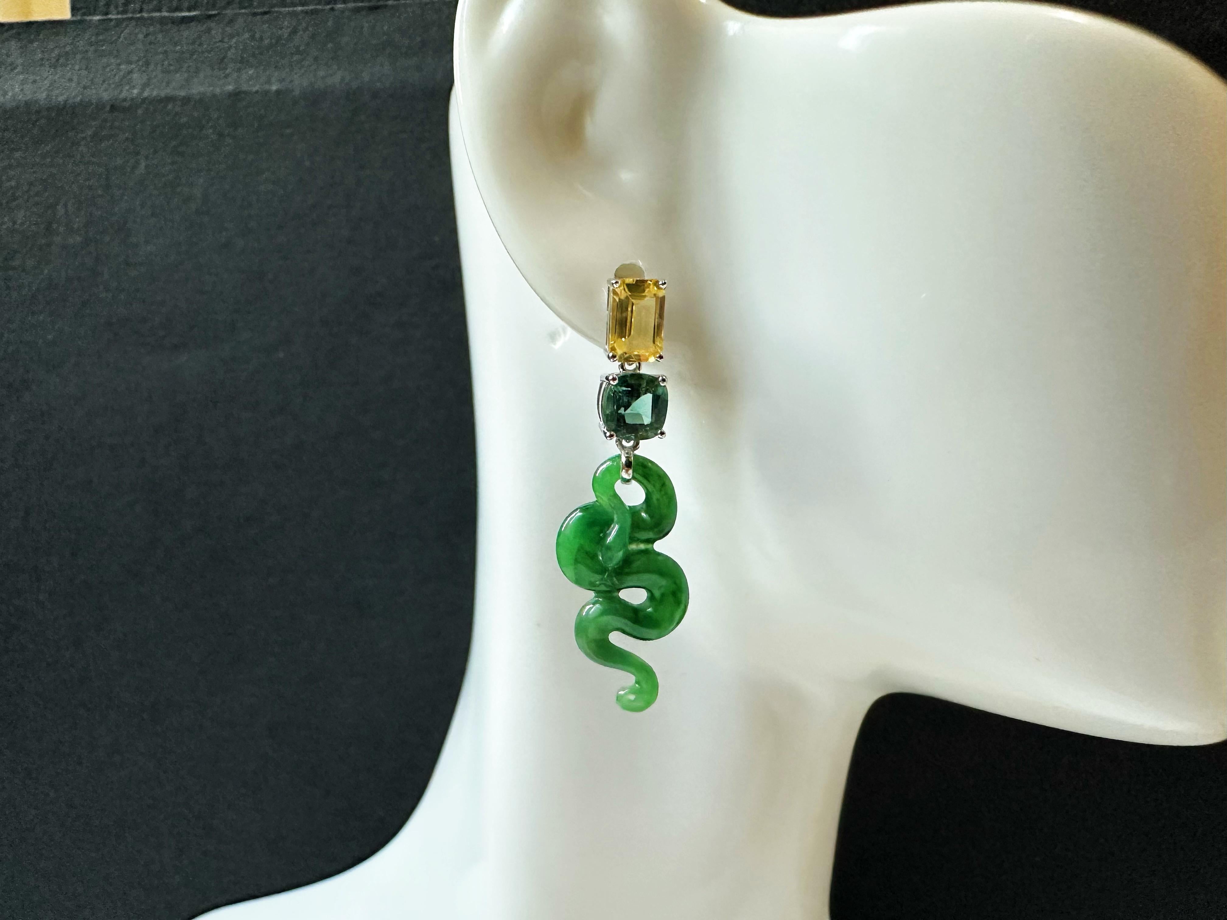 Certified Natural Myanmar Jade Snake Earrings in 18K White Gold with Sapphires For Sale 7