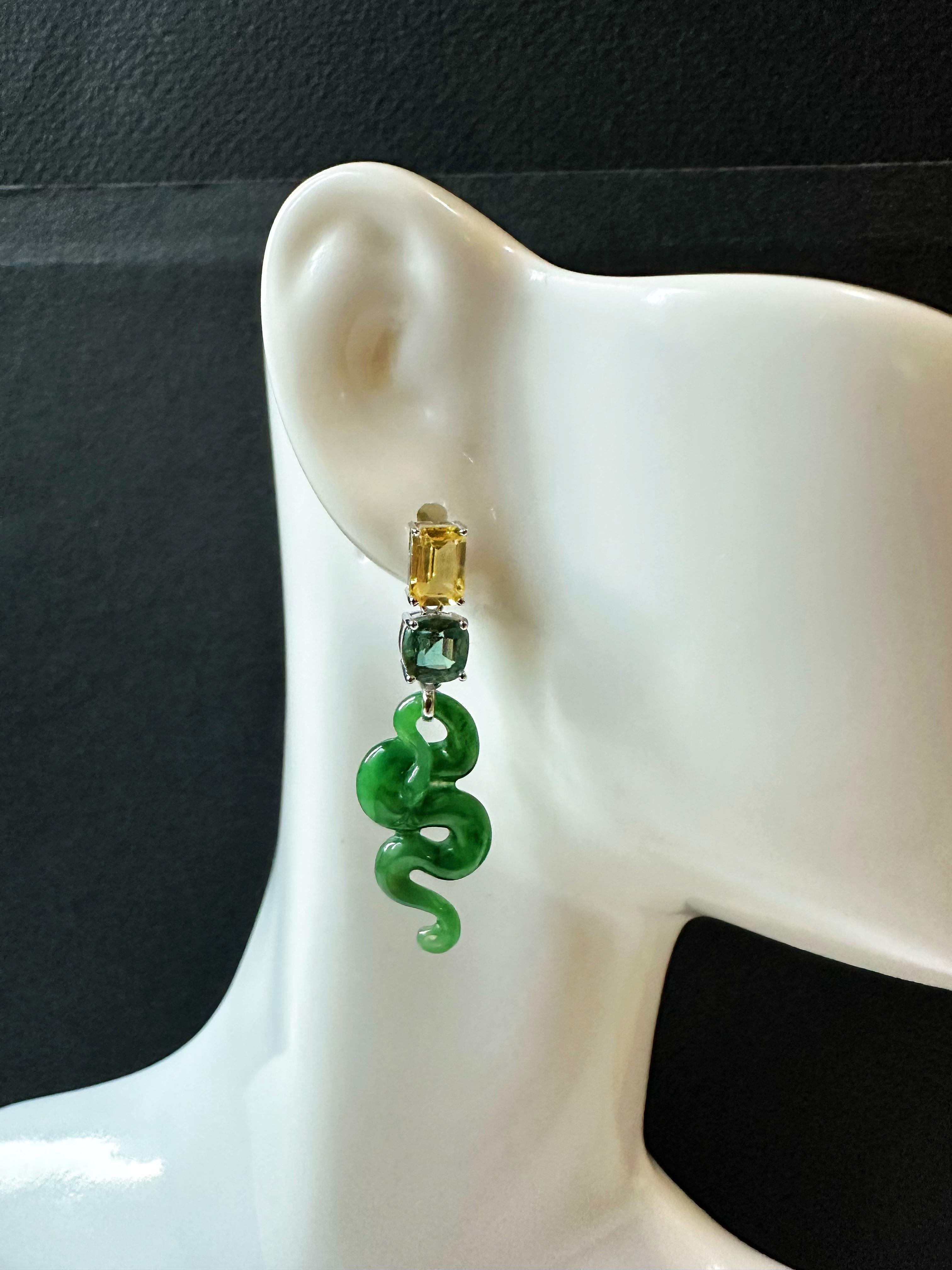 Certified Natural Myanmar Jade Snake Earrings in 18K White Gold with Sapphires For Sale 8