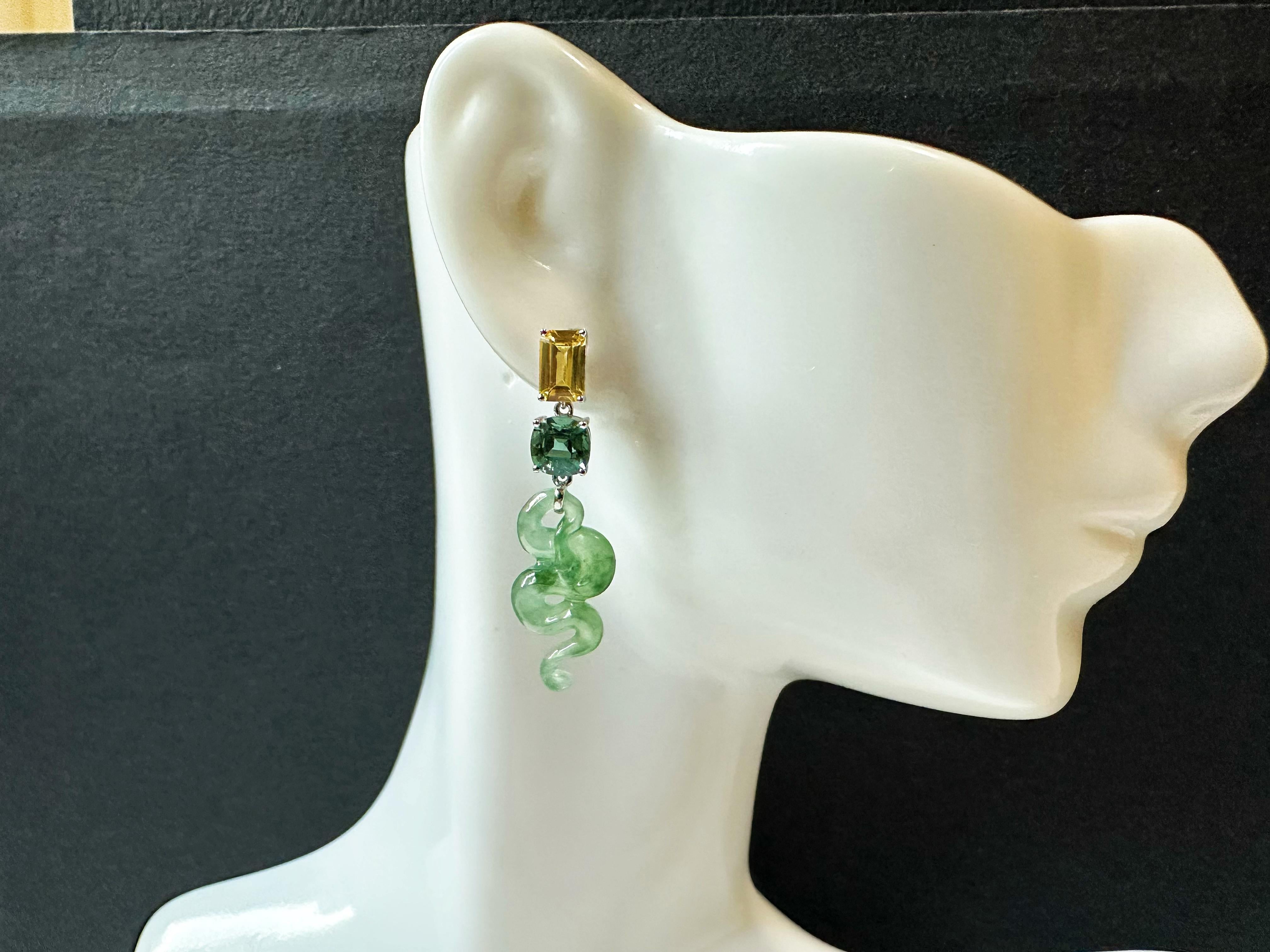 Certified Natural Myanmar Jade Snake Earrings in 18K White Gold with Sapphires For Sale 9